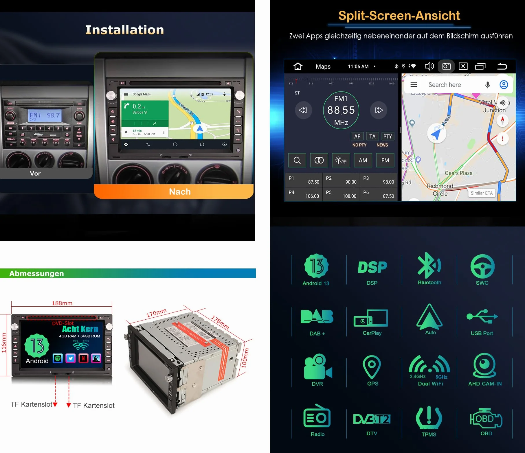 Erisin Radio samochodowe 7" z systemem Android 13, 8 rdzeni, 4 GB + 64 GB, z nawigacją GPS, do VW Passat B5, Polo, Jetta, Sharan, Golf 4 T5, Ibiza, Superb, Seat, Peugeot 307, DAB+, CarPlay, Android