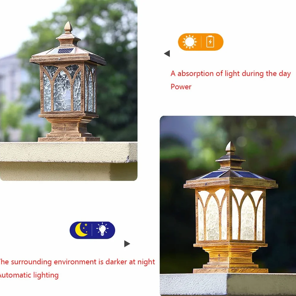 Nowoczesna solarna lampa słupkowa, minimalistyczna kreatywna wodoodporna lampa filarowa do dziedzińca, ogrodzenia werandy, bramy ogrodowej, podstawa E26 odlewane aluminium ze szklanym kloszem