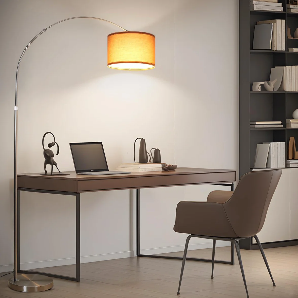 Lampa podłogowa łukowa LUNA do salonu | Zawiera gniazdo LED E27 | Czarny klosz materiałowy o długości 33 cm | Przełącznik nożny | Lampa łukowa w stylu vintage, odpowiednia do sypialni i hoteli