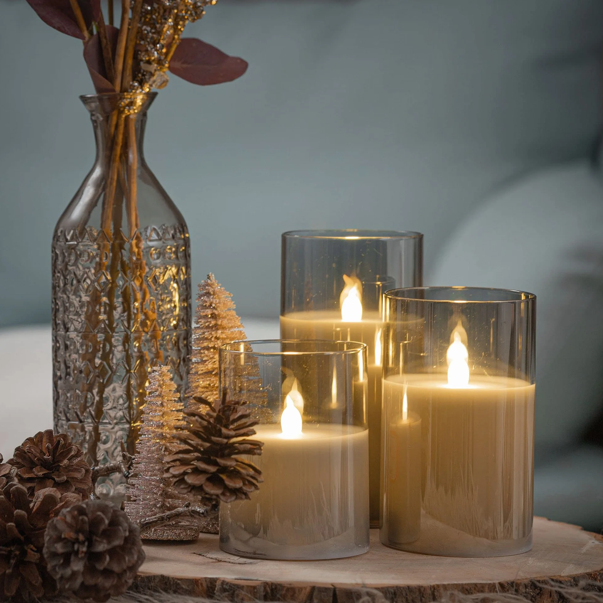 Pauleen 48026 Classy Smokey Candle 3-częściowy zestaw baterii szary/biały szkło/wosk