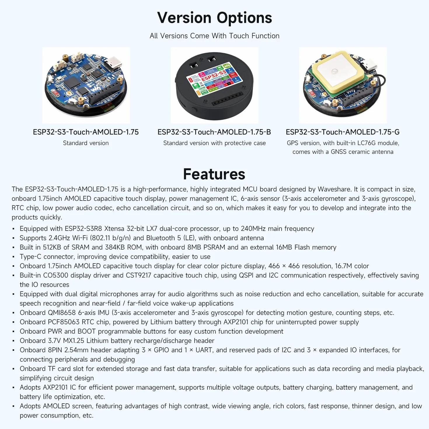 Waveshare ESP32-S3 1.75inch AMOLED Round Touch Display Development Board GPS Version 32-Bit LX7 2-Core 466x466
