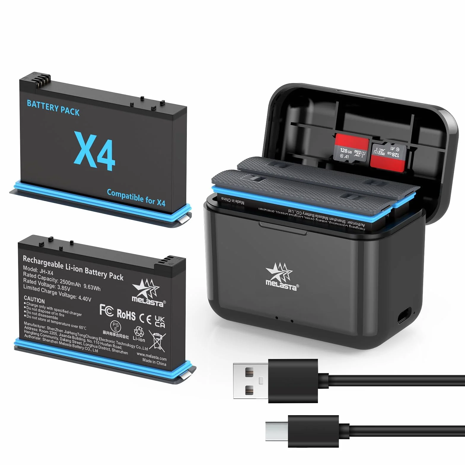 melasta 3,85 V 2500 mAh do baterii Insta360 X4 i ładowarki z kablem USB-A do C, ładowarka do baterii aparatu z kartą SD do przechowywania i szybkim ładowaniem