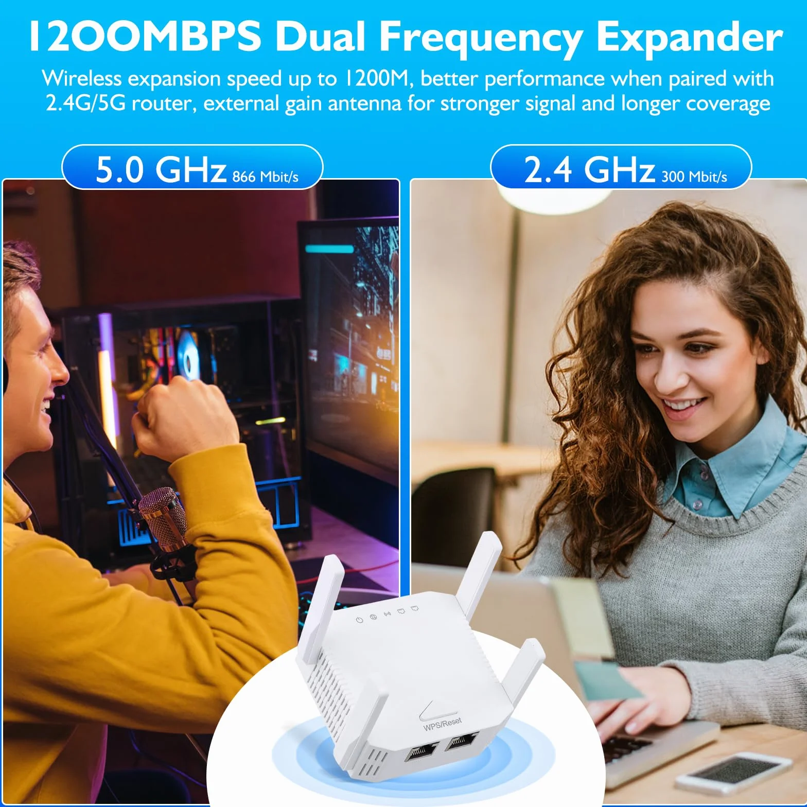 Wzmacniacz WiFi 1200 Mb/s dwuzakresowy 2,4 GHz 5 GHz repeater AP router 4 anteny zewnętrzne port Ethernet
