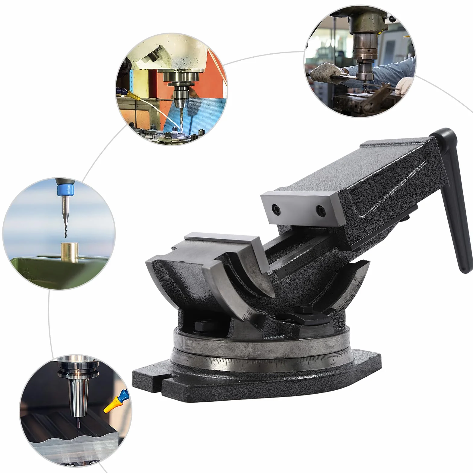 Imadło maszynowe, 2 osie, imadło do wiertarki z żeliwa, maks. szerokość zacisku: 125 mm, szerokość szczęk: 165 mm, obracany o 360°, kąt nachylenia 90°, stół roboczy do stołu krzyżowego, stół frezarski