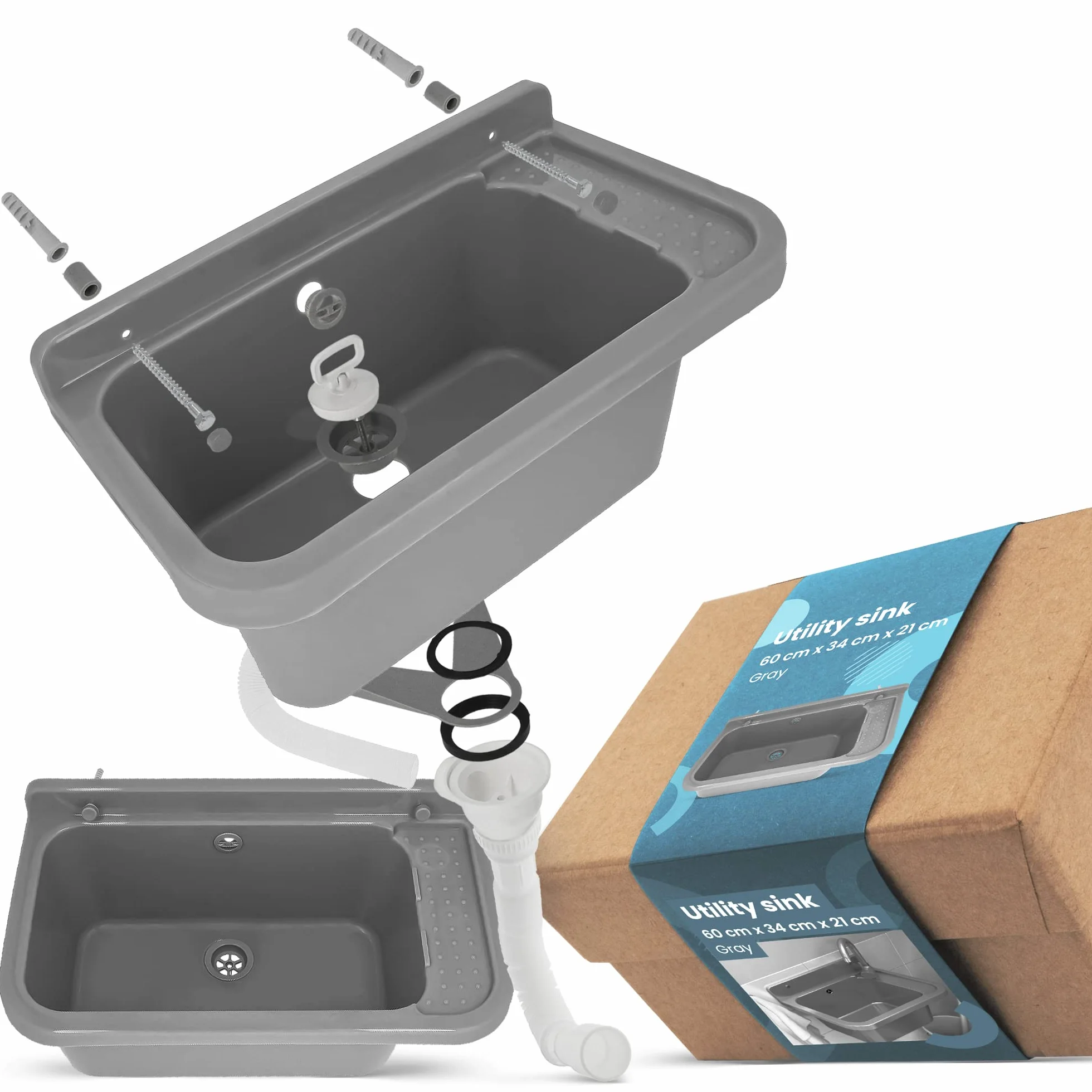 Komora Gospodarcza z Półką Zlew Roboczy Zlewozmywak Umywalka Pralnicza Robocza Garażowa 60 cm x 34 cm x 21 cm Garażu Pralni Ogrodu Szara Polipropylen
