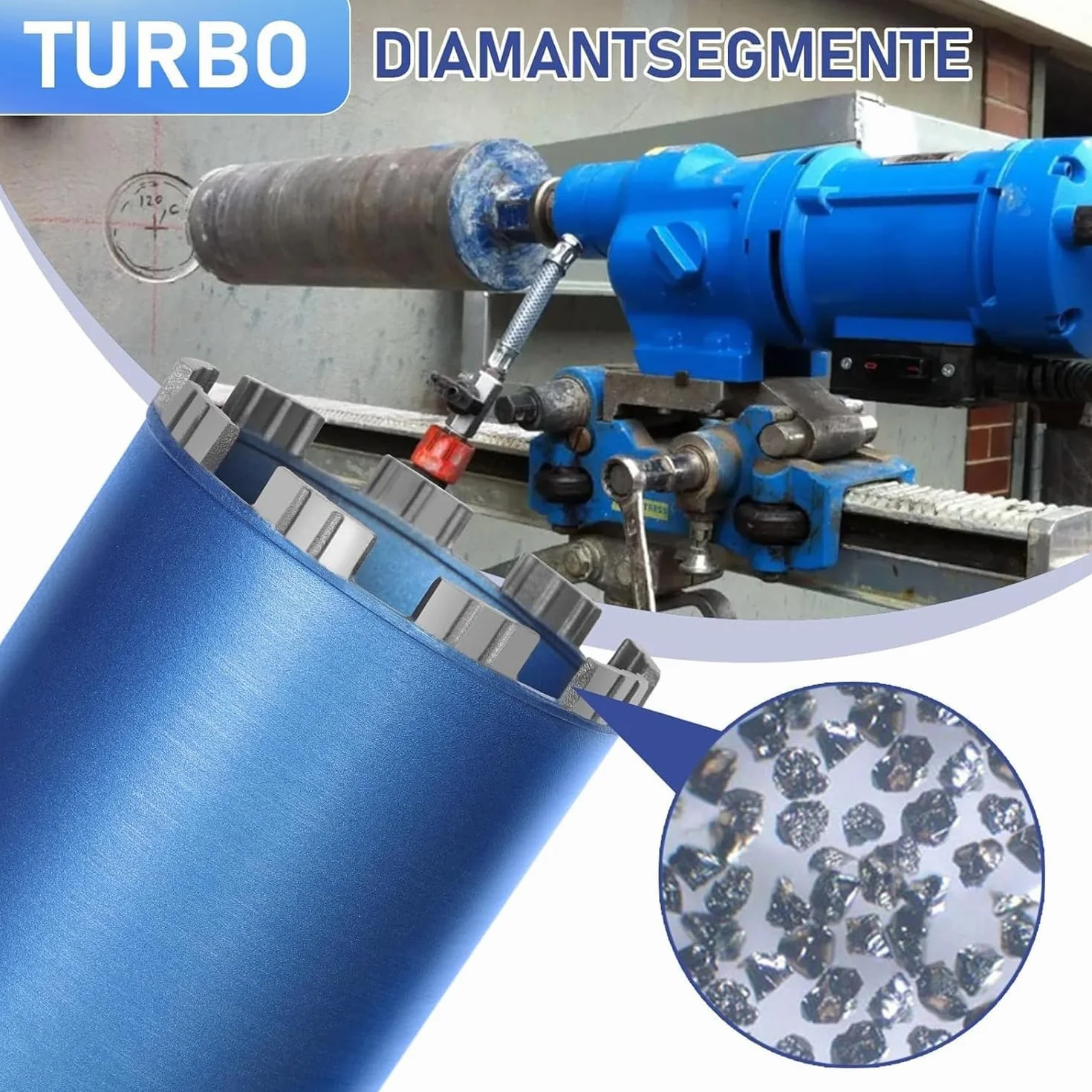 Diamentowa koronka wiertnicza pogłębiacz puszek do wiertarek rdzeniowych w zestawie 10 mm Turbo, L 460 mm | Ø 182 mm | adapter SDS-PLUS | 1 ¼ cala UNC | Wiertło rdzeniowe na mokro i sucho wiertło