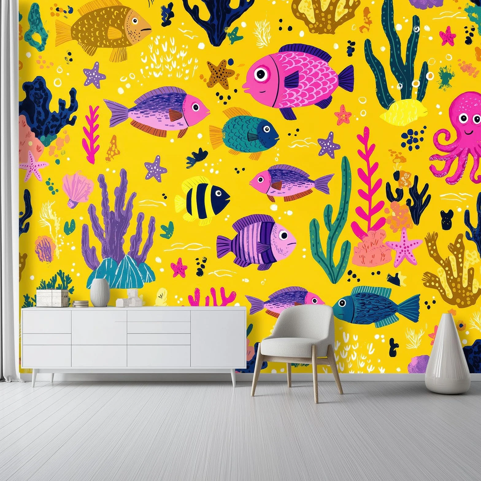 Zabawa dziecięca Rozgwiazda Rozgwiazda Fish Tynk Fototapeta Moda Mural Dekoracja ścienna 400 x 280 cm Gigantyczny plakat Projekt Papier ścienny Żółty