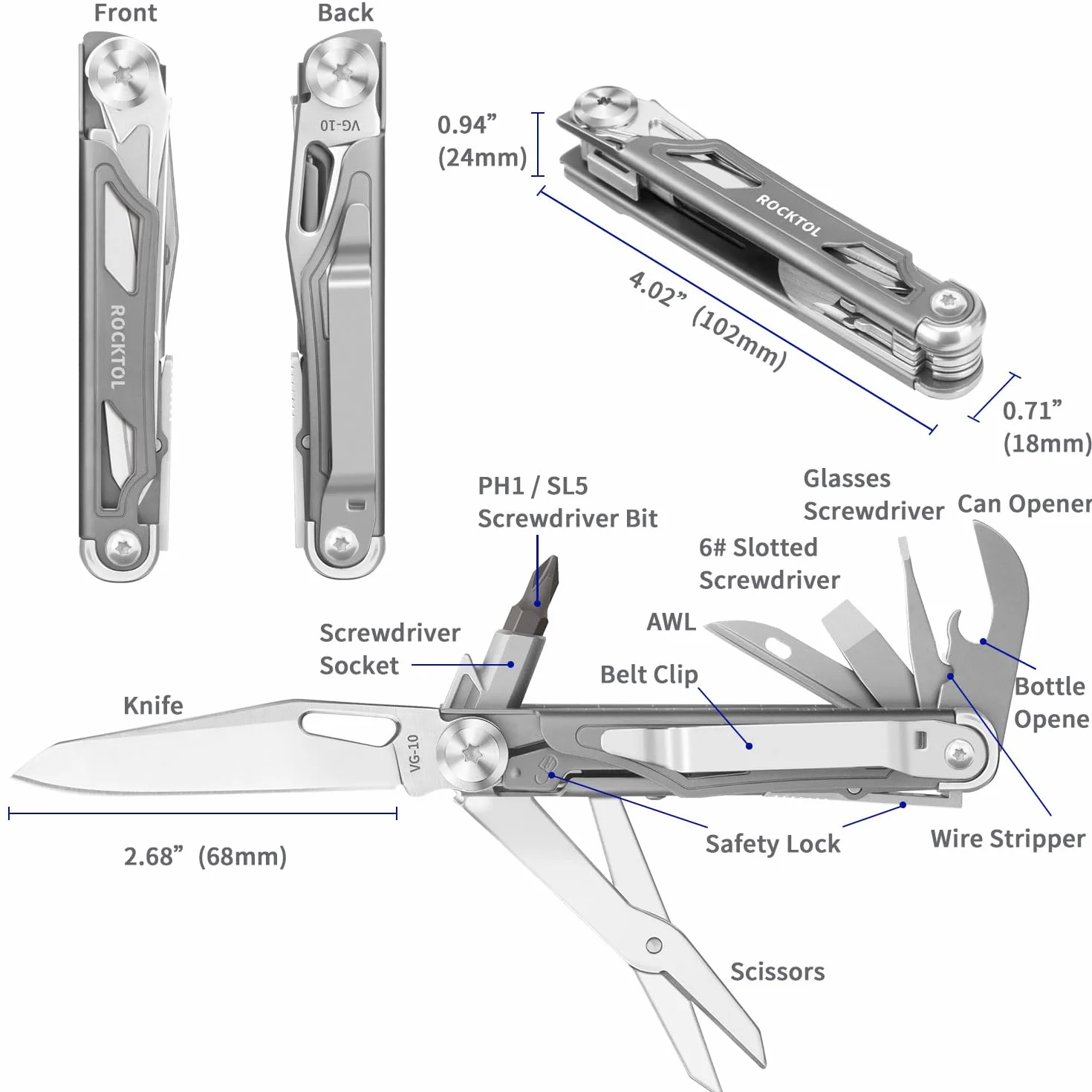 ROCKTOL ST02 kieszonkowy multitool, ostrze ze stali VG-10,12 w 1, tytanowy uchwyt, klips kieszonkowy, duże nożyczki, narzędzie wielofunkcyjne na kemping, wędrówki, survival, gadżet EDC dla mężczyzn