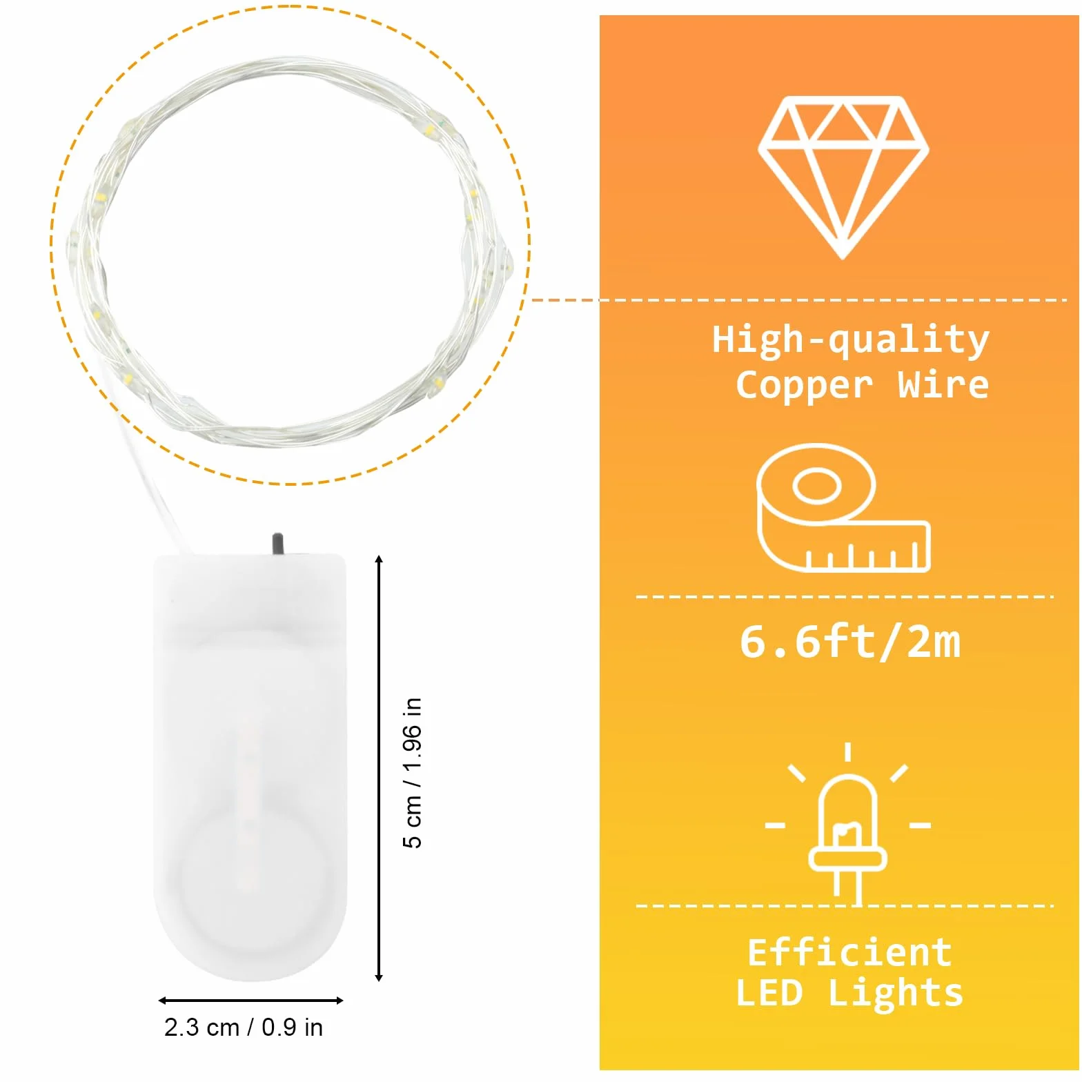 Dalugo Łańcuch świetlny na baterie, ciepła biel, 2 m, 20 diod LED, ciepła biel, z baterią, drut miedziany, łańcuch świetlny do wnętrz, na butelkę, do sypialni, na imprezę, wesele, Boże Narodzenie