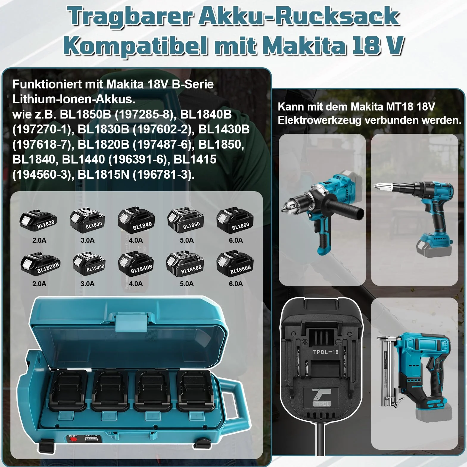 Przenośne źródło zasilania do Makita 18 V-21 V, 4-krotna stacja akumulatorowa, z kablem przedłużającym 1,2 m z wtyczką, energia zewnętrzna do elektronarzędzi Makita (bez akumulatora)