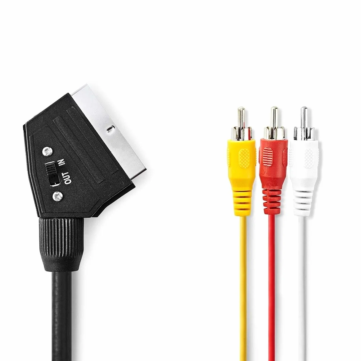 Nedis Kabel SCART - wtyczka SCART - 3 x wtyk cinch - niklowany - przełączany - 480p - 2,00 m - okrągły - PCW - etykieta