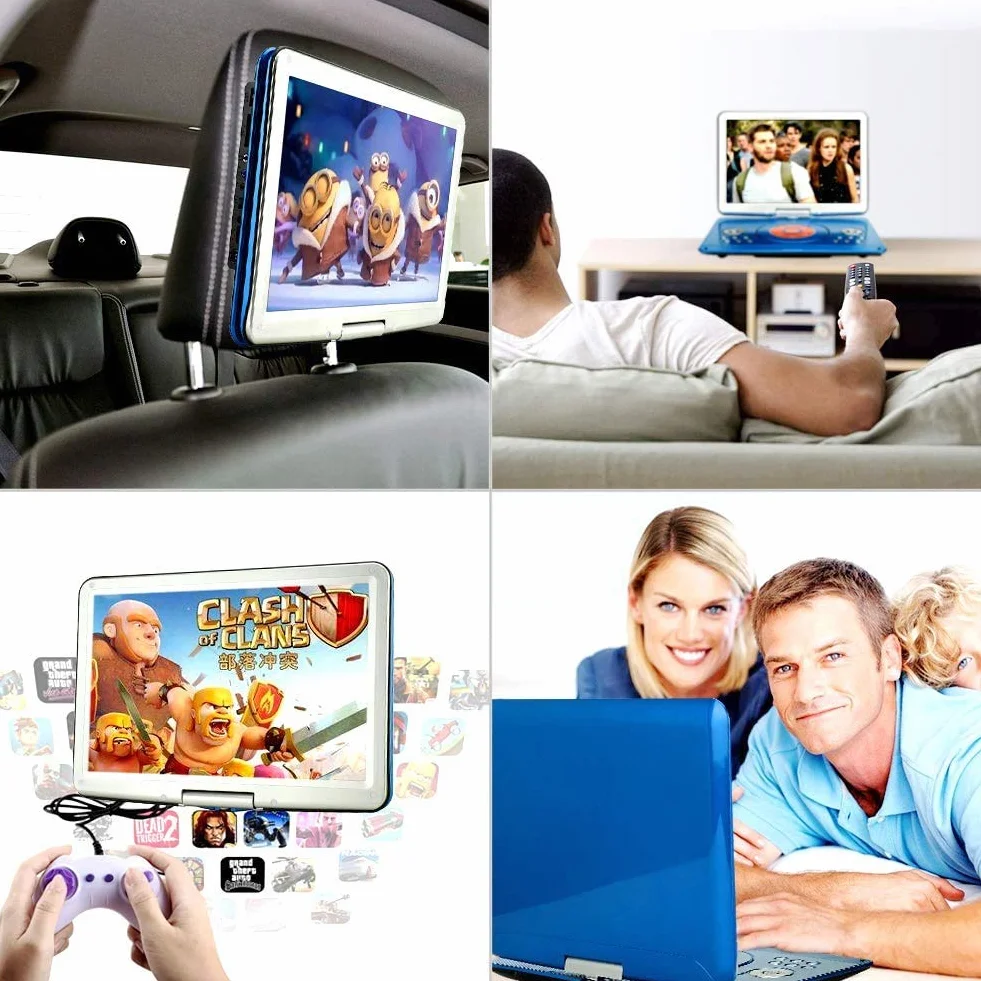 YOOHOO Przenośny Odtwarzacz DVD 16,9'' do Samochodu i Dzieci z Ekranem HD 14,0'', z Baterią 3500 mAh, Obsługuje Karty SD i USB, Niebieski
