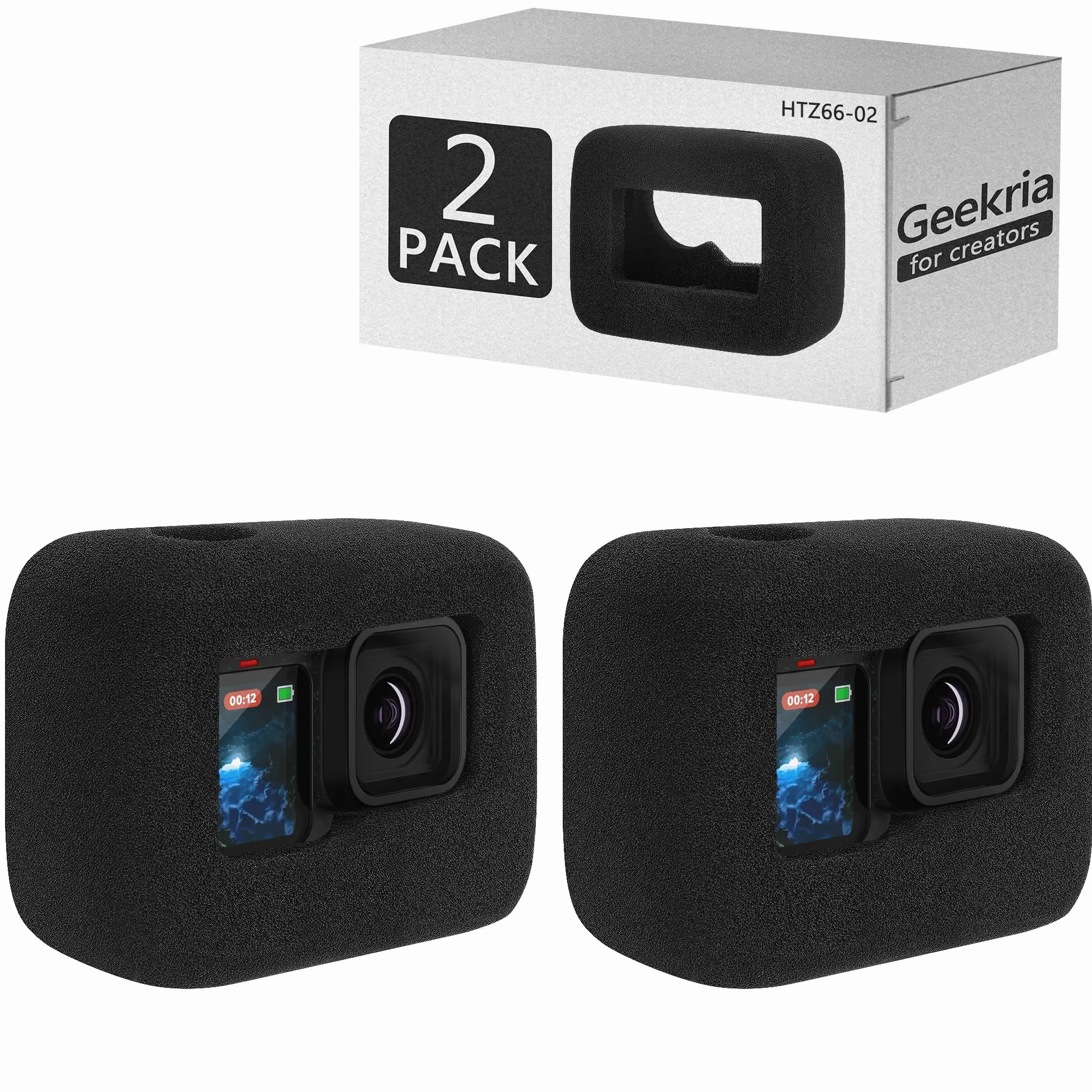 Geekria Dla Creators Windslayer osłona przeciwwiatrowa kompatybilna z kamerą GoPro Hero 13, 12, 11, 10, 9, obudowa ramki, akcesoria z gąbki z redukcją szumów wideo (czarny / 2 sztuki)
