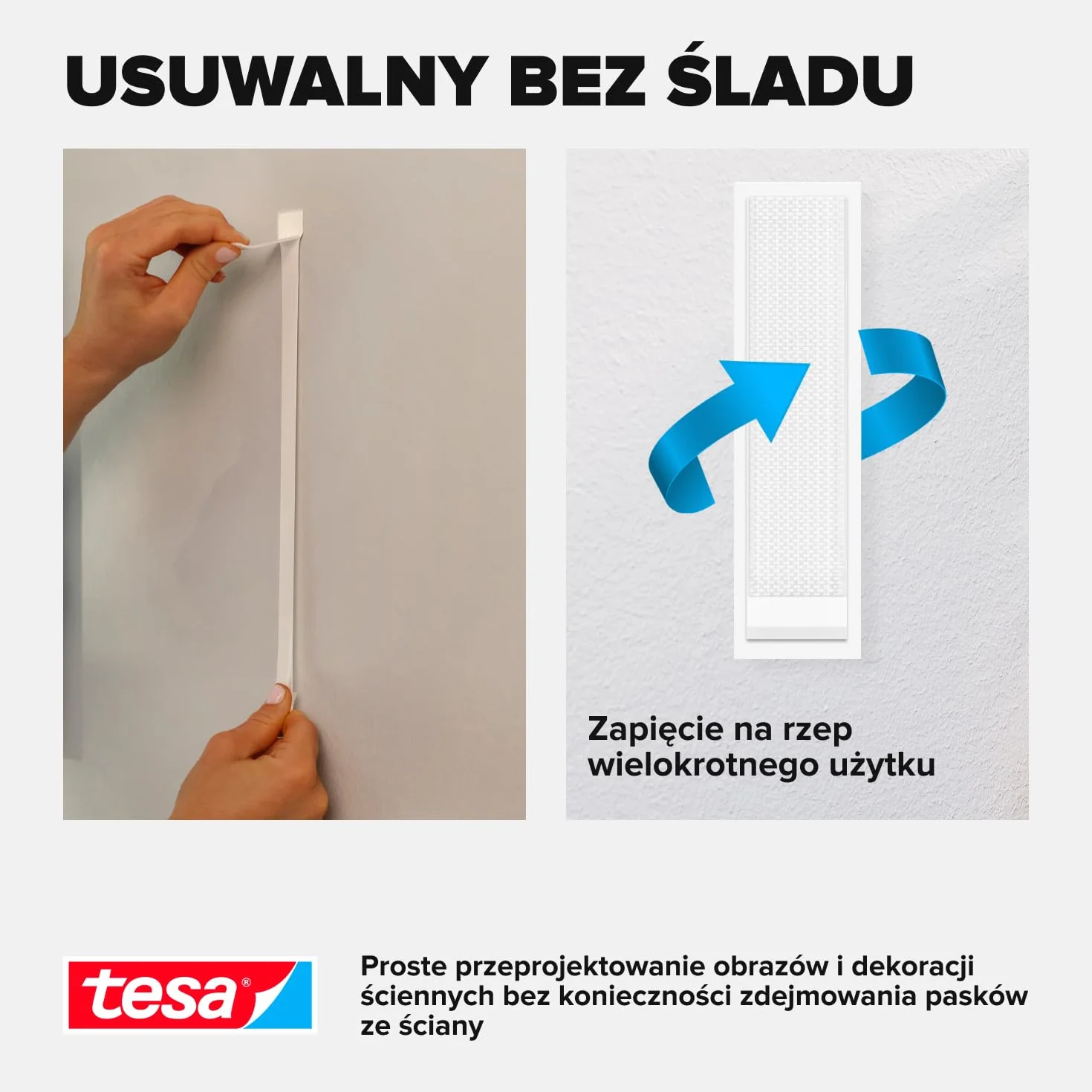 tesa Powerstrips CLICK – podkładki samoprzylepne na rzepy do przypinania i zamykania ramek na zdjęcia i dekoracji ściennych bez wiercenia – samoprzylepne paski na rzepy z systemem zatrzaskowym ON i