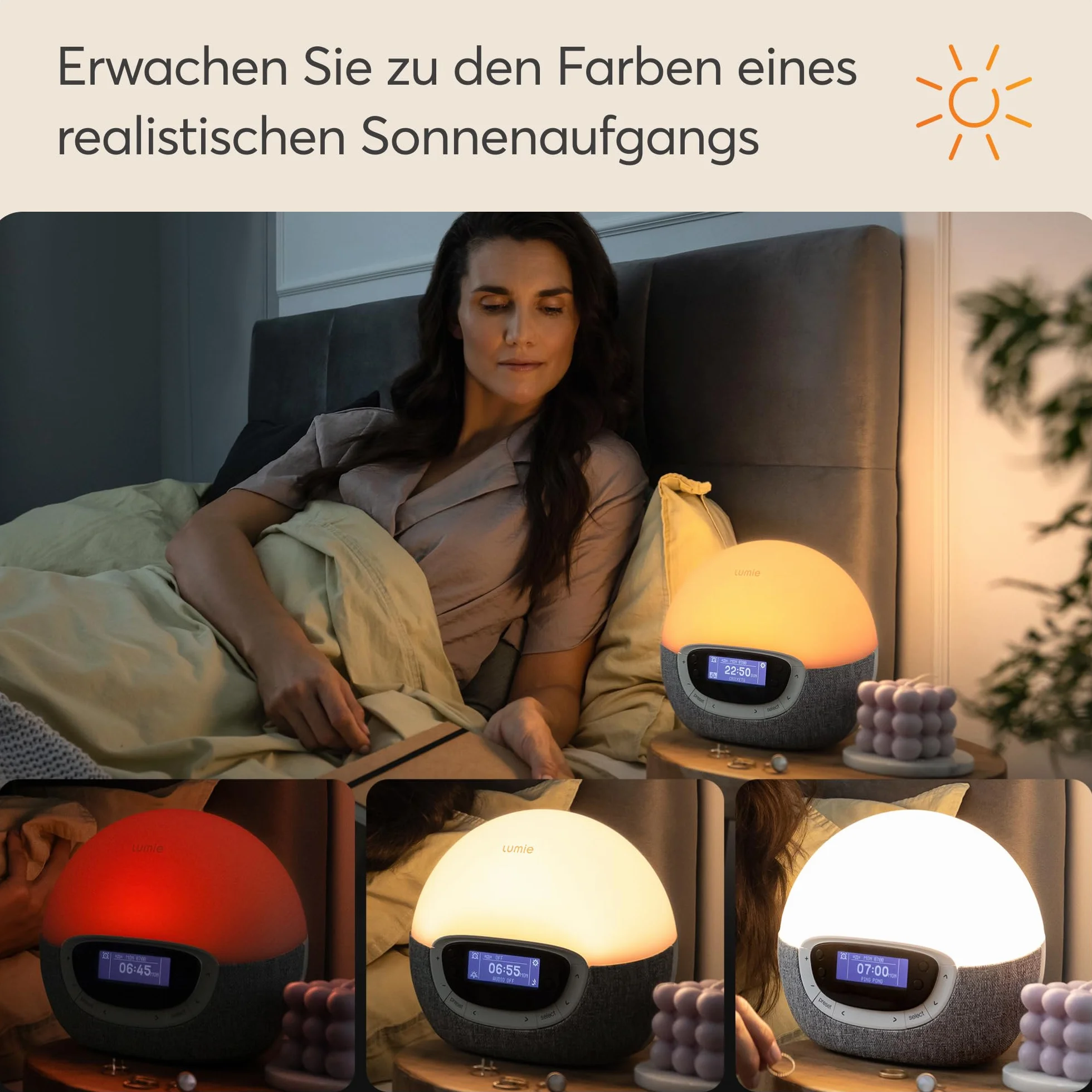 Lumie Bodyclock Shine 300 – budzik świetlny z radiem, 15 dźwięków i zachód słońca