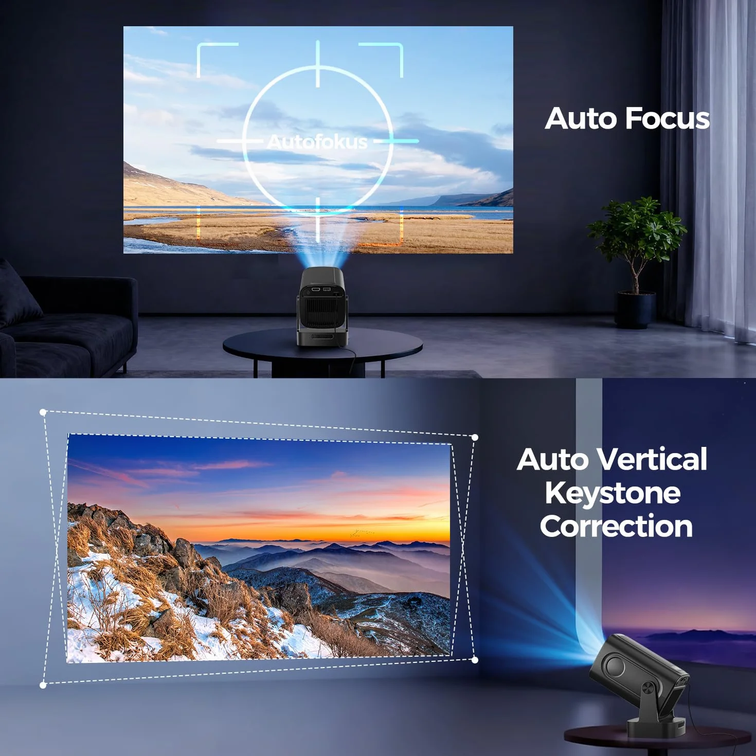 Alwtniet Mini Projektor 4K, Natywne 1080P, Przenośny z Androidem, Autofokus, Korekcja Keystone, WiFi 6, Bluetooth 5.4, Głośnik 5W, Obrót 180° HY310