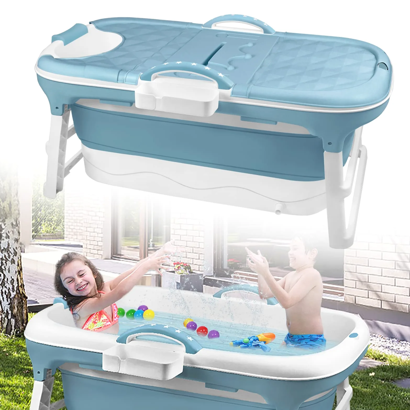 LILIIN Składana wanna dla dorosłych 112 x 62 x 52 cm, składana wanna mobilna, przenośna wanna z siedziskiem z pokrywą i rolkami masażującymi, koszyk na mydło, gruba plastikowa przenośna wanna