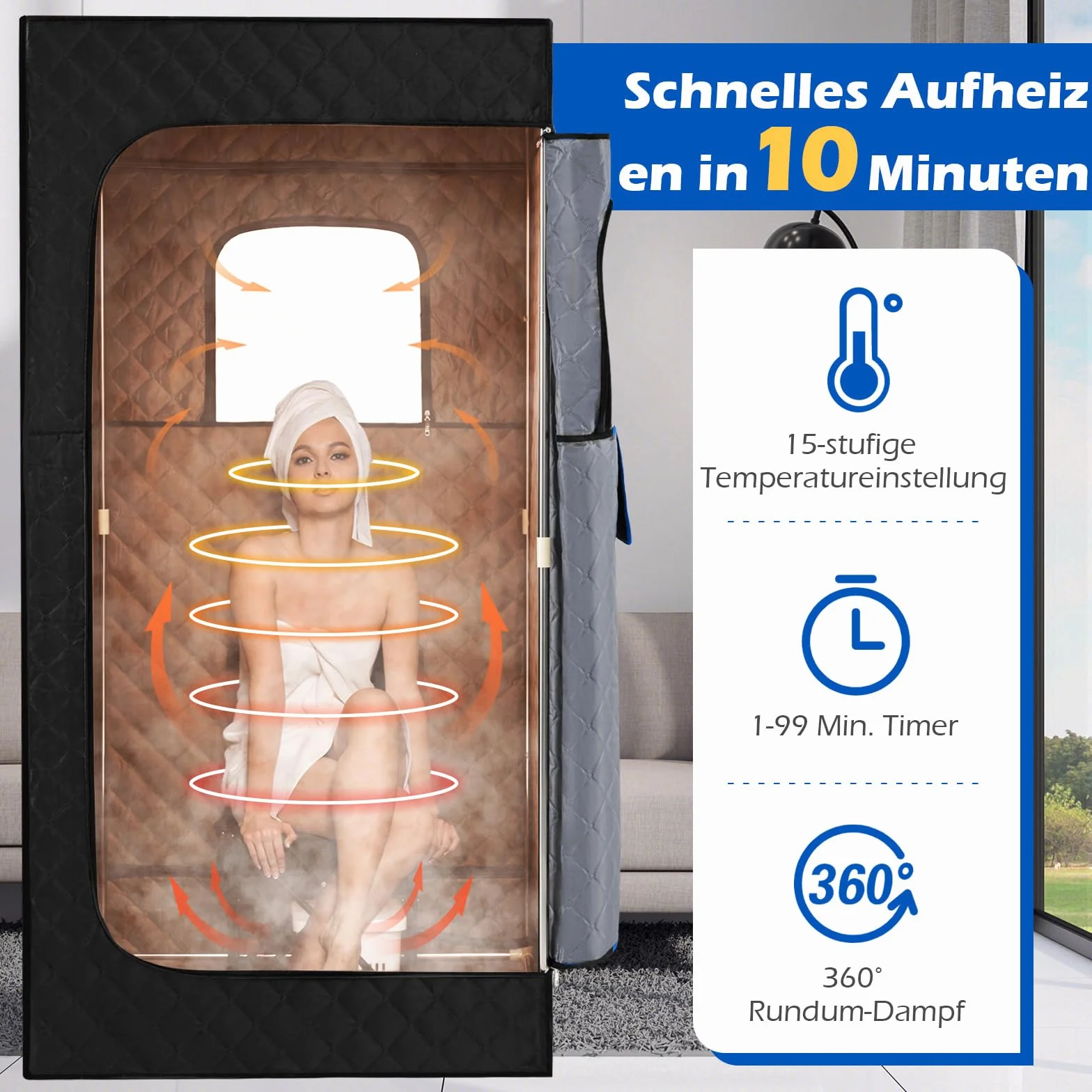 COSTWAY Sauna parowa 3 l, 1200 W, namiot do sauny z 15-stopniową regulacją temperatury, pilot zdalnego sterowania, timer, składane krzesło i mata, przenośna sauna domowa (88 x 88 x 179 cm, czarna)