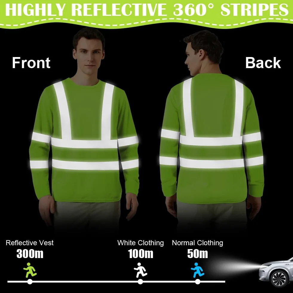 Koszulka z długim rękawem Hi Vis dla mężczyzn, męska bluza z okrągłym dekoltem, odblaskowa taśma zabezpieczająca okrągły dekolt, lekka odzież robocza i bezpieczna odzież robocza, sweter