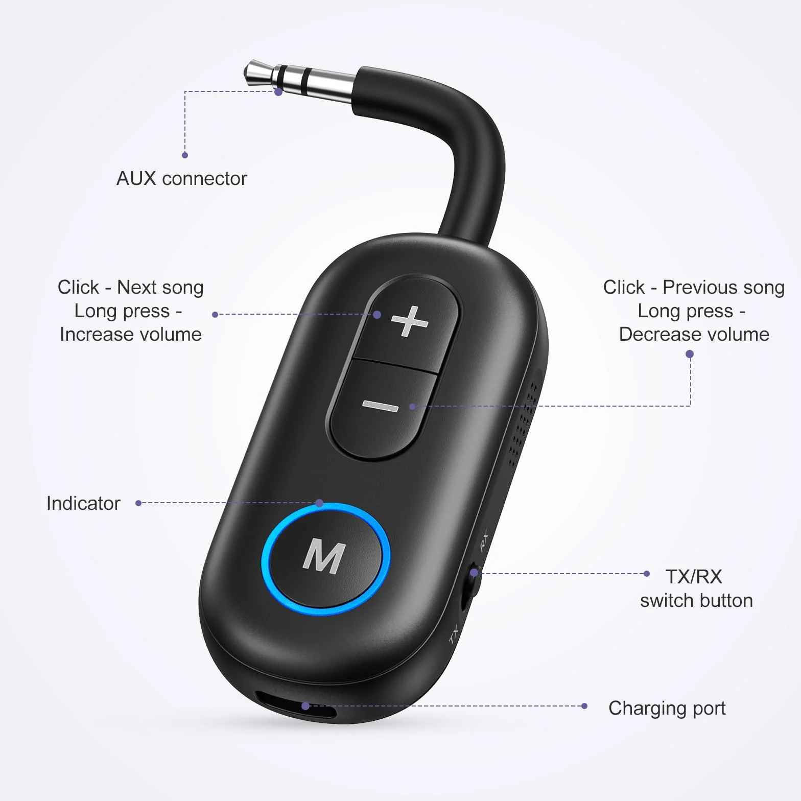 Nadajnik-odbiornik Bluetooth 5.3, adapter słuchawkowy bezprzewodowy AUX, redukcja szumów, 14h odtwarzania