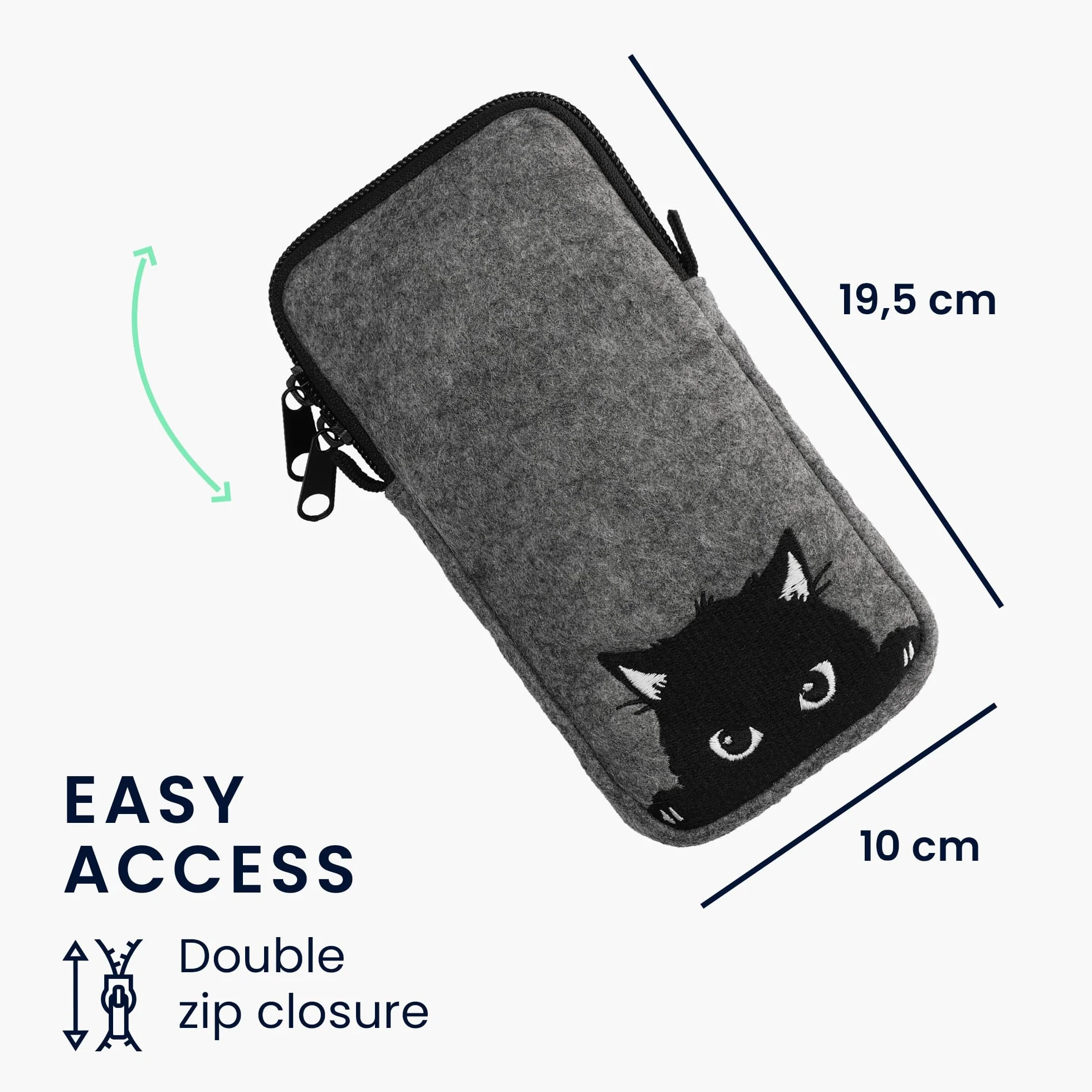 kwmobile Filcowa torba na telefon z wzorem XXL – 18 cm – 17,7 x 8,5 cm uchwyt na pasek – ciekawy kot szary/czarny