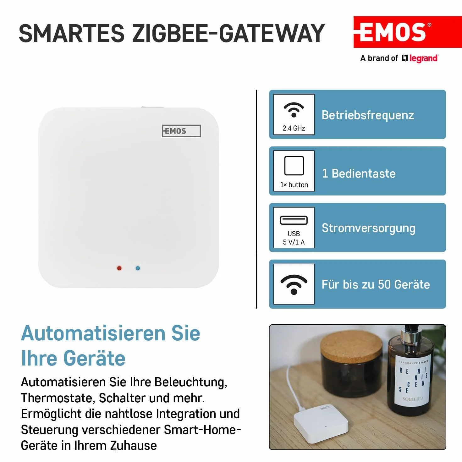 EMOS GoSmart ZigBee Gateway IP-1000Z Smart Home Hub kompatybilny z Tuya Smart Life Bluetooth WiFi 2,4 GHz biały