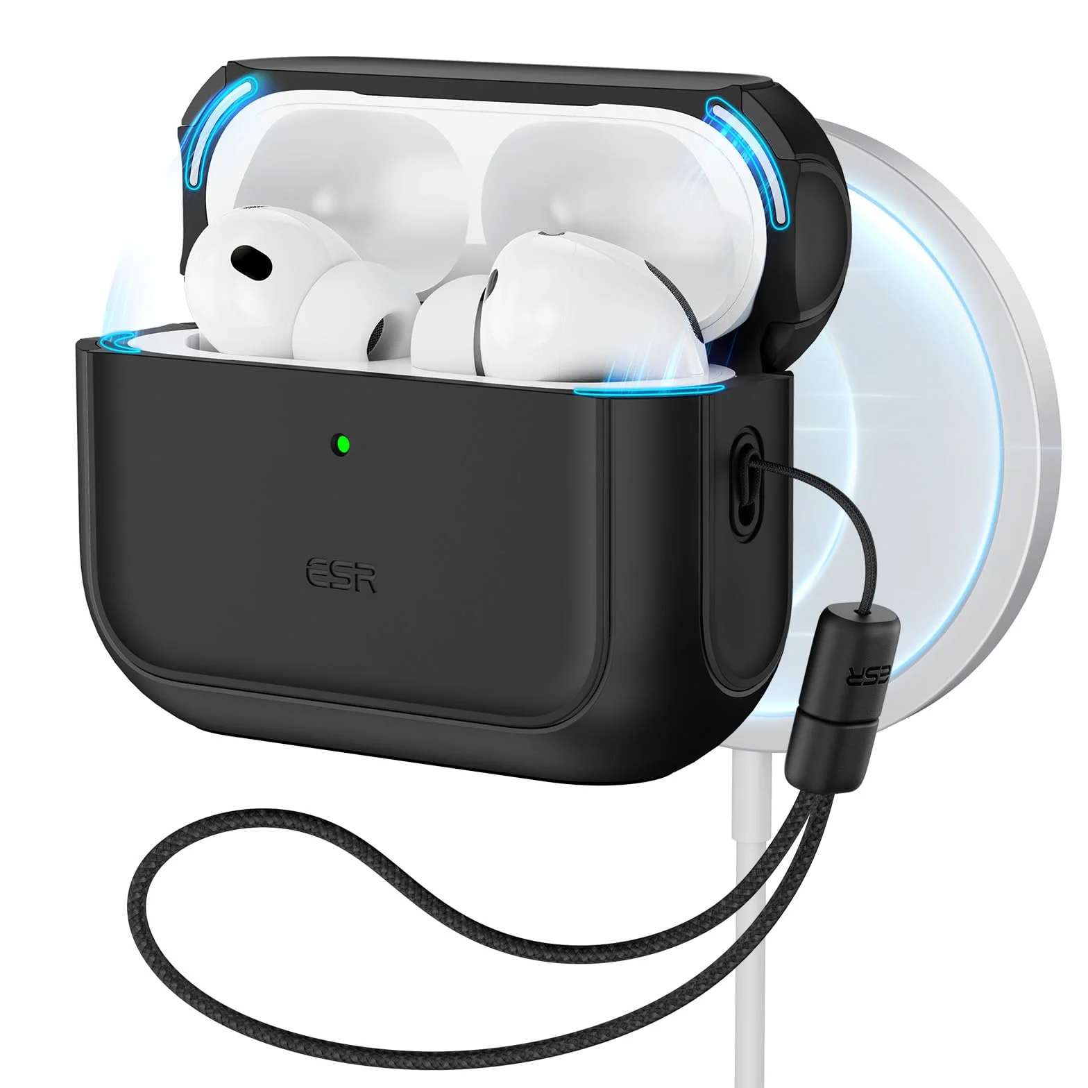 ESR Etui do AirPods Pro 3, kompatybilne z AirPods Pro 3. generacji (2025), kompatybilne z MagSafe, pełna ochrona przed upadkiem z etui i smyczą, czarne
