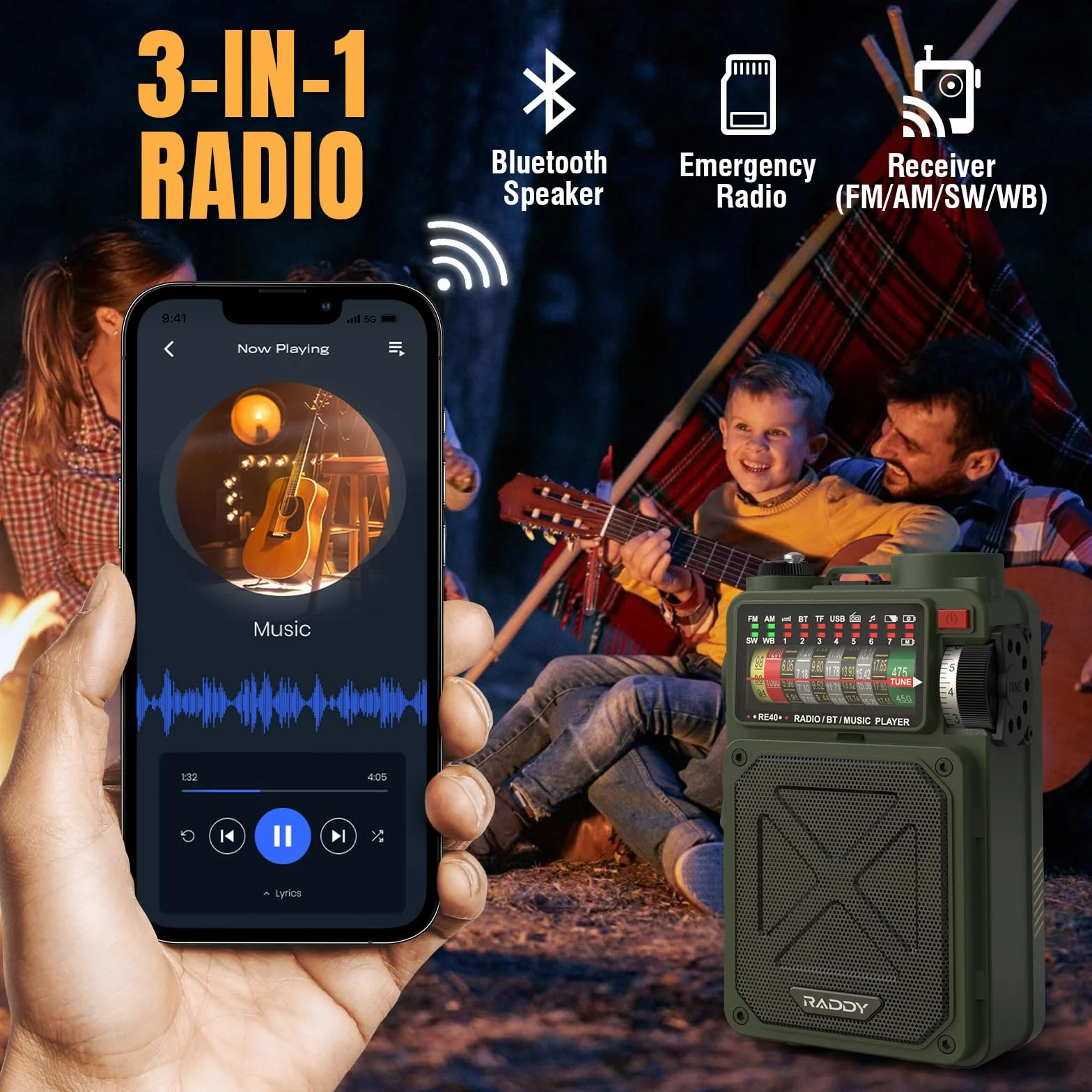 Radio krótkofalowe Raddy RE40 Odbiornik FM/AM/SW 4000mAh BT Głośnik z Korbą Biały Szum SOS