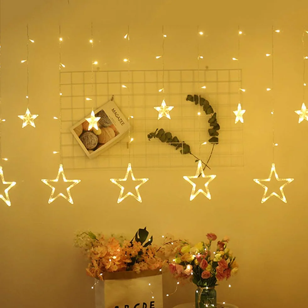 Dekoracja kurtyny świetlnej, 12 gwiazdek 108 diod LED 2,5 m, lampki świetlne LED, oświetlenie bożonarodzeniowe, zasilanie bateryjne (brak w zestawie), dekoracja wnętrz na wesele, do domu, choinki