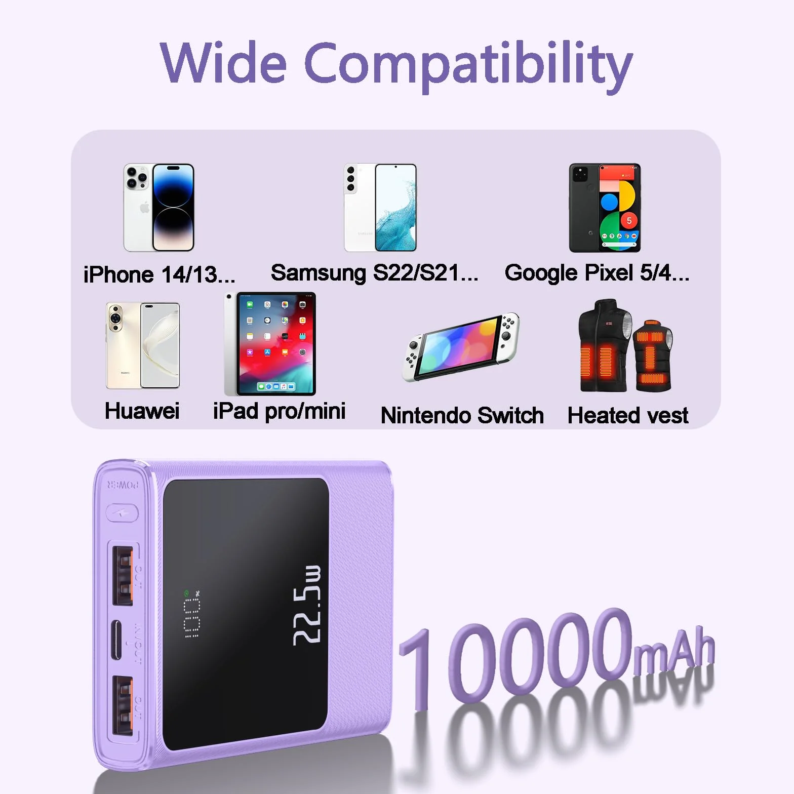 Power Bank 22,5W 10000mAh USB C Przenośna Ładowarka Mini Akumulator Fioletowy