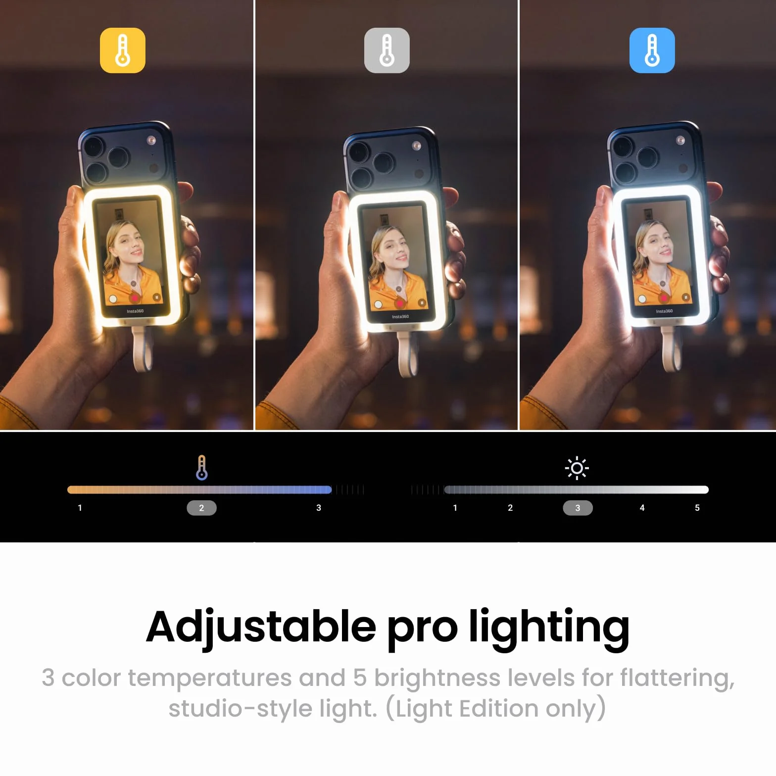 Insta360 Snap Ekran do selfie z oświetleniem – magnetyczny monitor 4K do selfie, vloggingu, kompatybilny z iPhone 15/16/17 Pro, regulowane oświetlenie, sterowanie przez ekran dotykowy