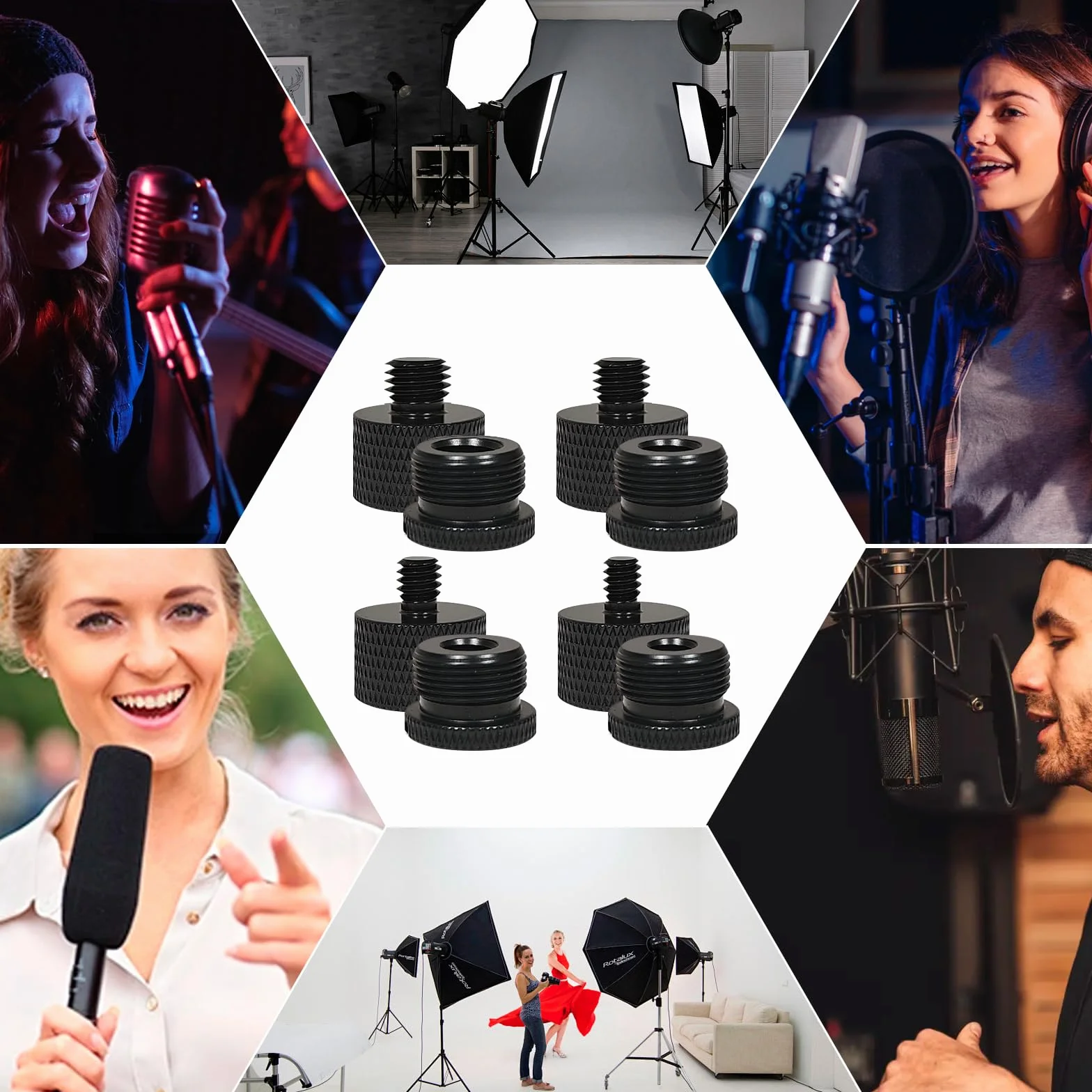 8 sztuk adapterów gwintowych, adapter do śruby statywu 5/8" na 3/8", 3/8" na 5/8", 5/8" na 1/4", 1/4" na 5/8", adapter do mikrofonu, zestaw adapterów gwintowych do statywów kamer i głośników