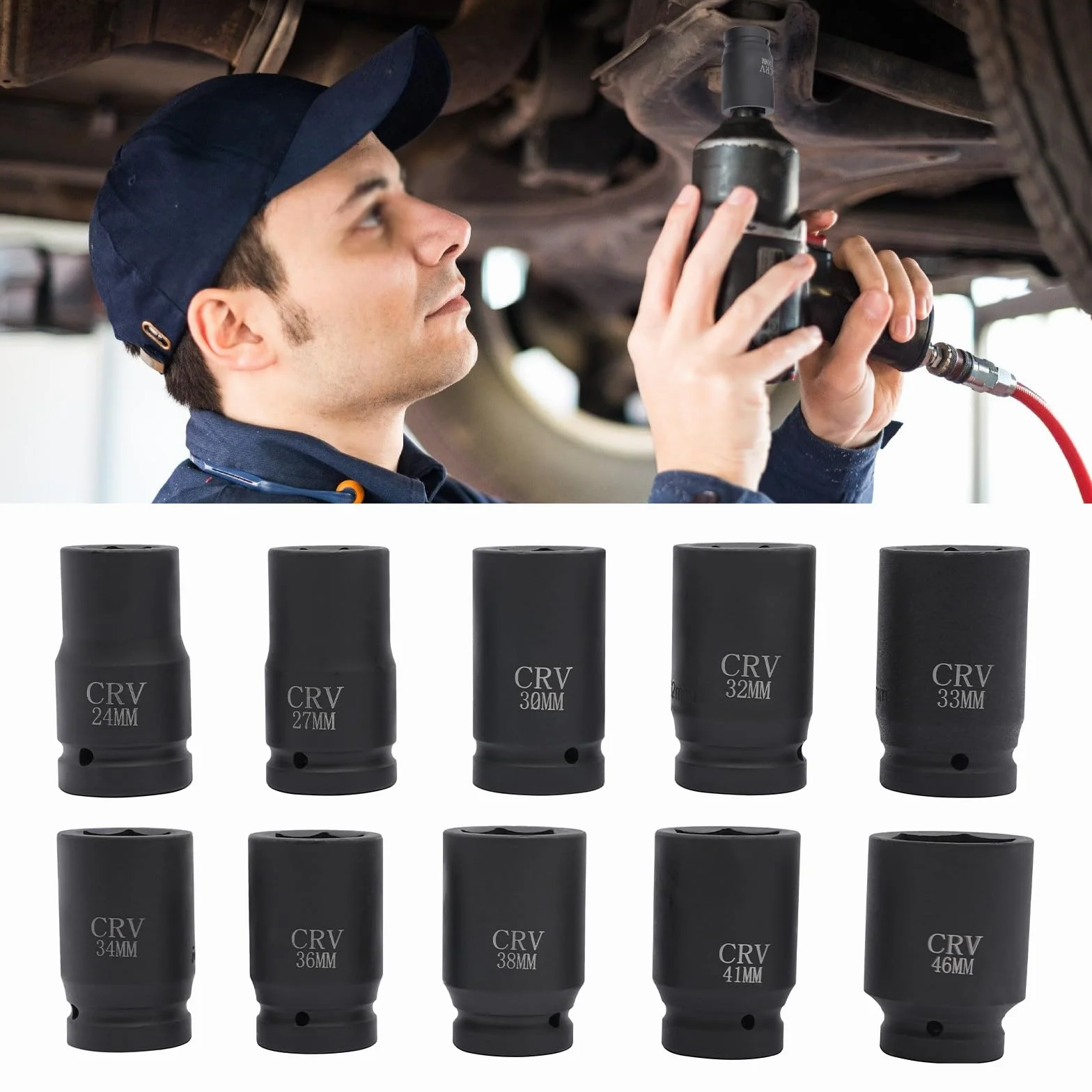 Zestaw 1 nasadek udarowych do wkrętarki udarowej, 10 sztuk, 24-46 mm, napęd metryczny, zestaw narzędzi z walizką do przechowywania, do lotnictwa, samochodów, turbin parowych, komputerów