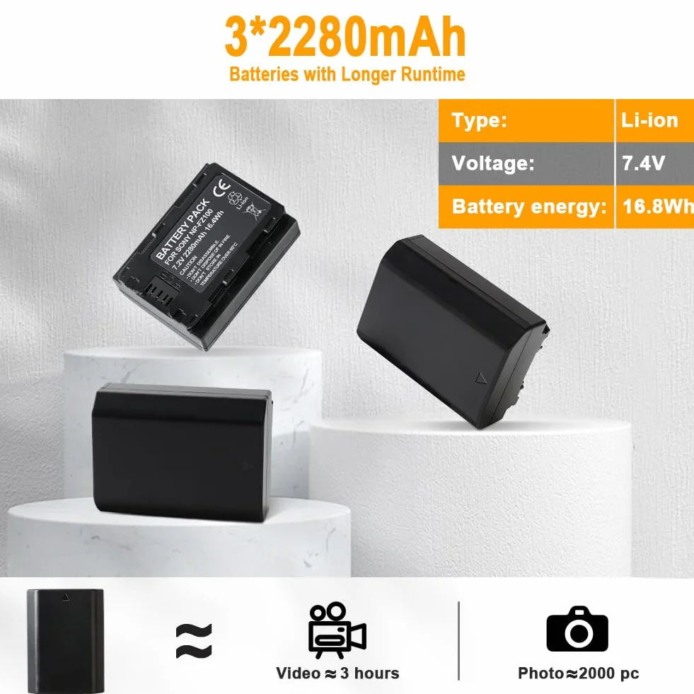 AXFEE NP-FZ100 Bateria i Ładowarka z Trzema Gniazdami LCD Do Sony A7iii A7iv A7C FX3 FX30 A9 A6600 A6700 ZV-E1 ZV-E10ii