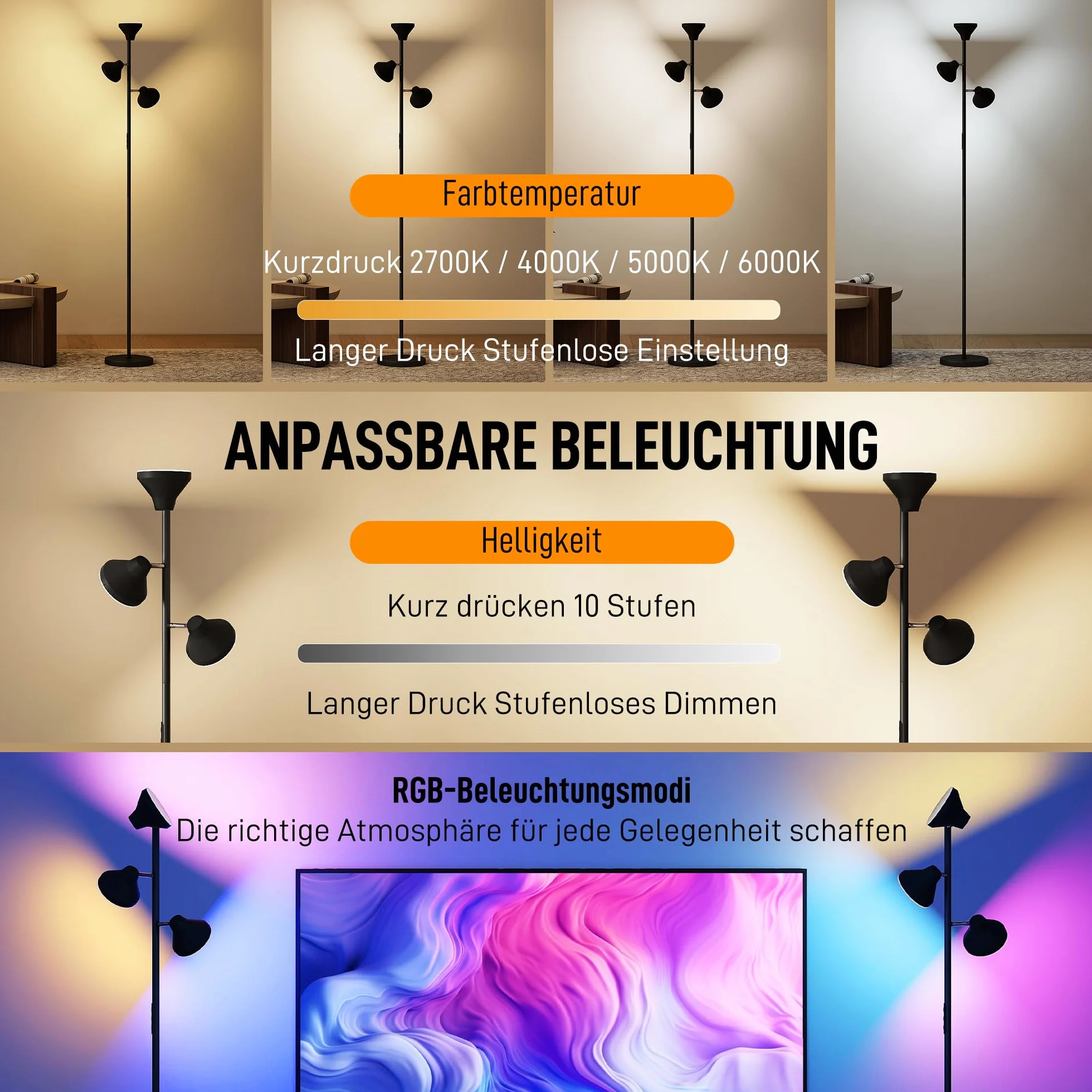 HOMCOM Lampa podłogowa z regulacją jasności i lampą do czytania, zmiana kolorów RGB, sterowanie dotykowe i pilotem, 3 obrotowe głowice, 4150lm, 2700K–6000K, do salonu i sypialni