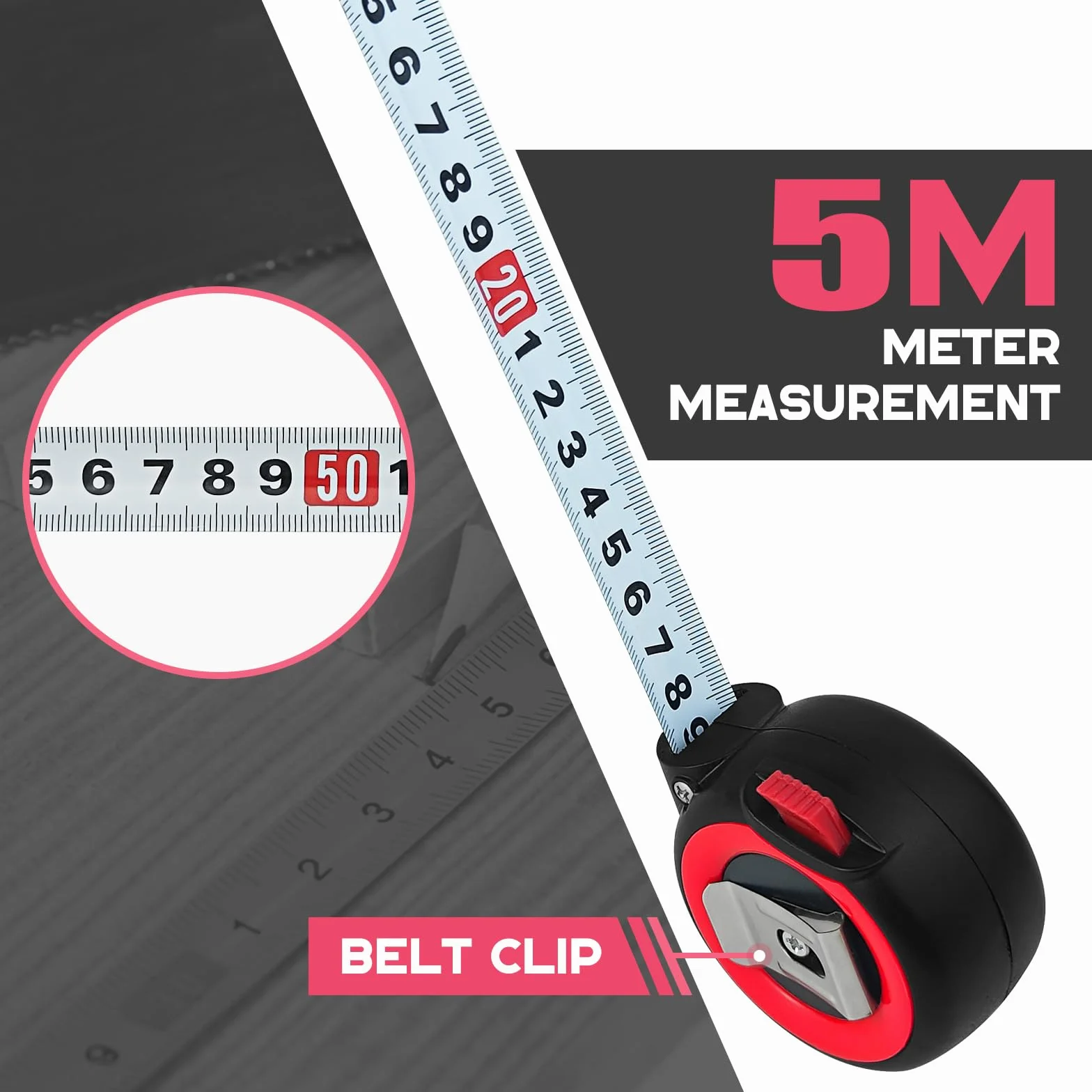 5 m x 19 mm Miara Zwijana, 5M Taśma pomiarowa odporna na uderzenia z gumową powłoką, pomiar imperialny i metryczny, Profesjonalna taśma pomiarowa do różnych