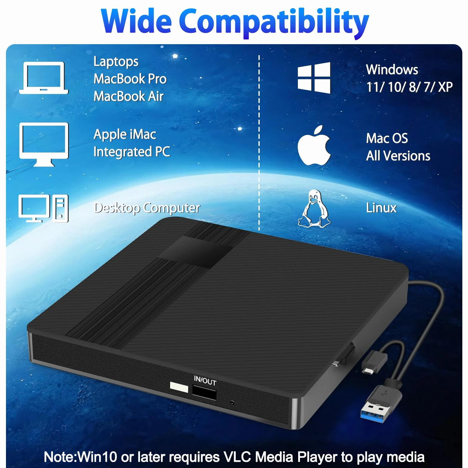 Zewnętrzny Odtwarzacz CD DVD z USB 3.0 Type-C Przenośny Czytnik Dysków CD DVD +/- R/RW Podłącz i graj działa z PC, Laptopami, Mac OS, Windows 11/10/8/7/XP i Linux