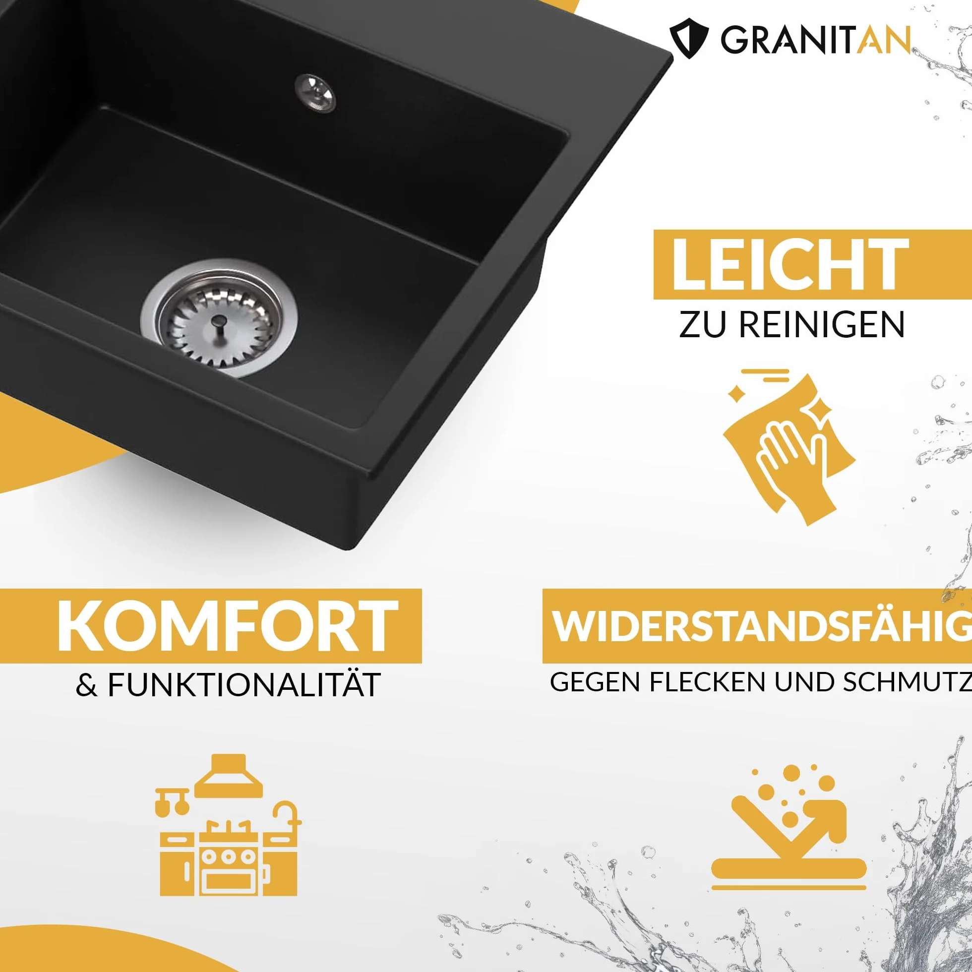 Granitan Zlewozmywak Milos 44,5 x 41,5 cm – umywalka do kuchni z armaturą kuchenną – zlewozmywak granitowy z dwoma otworami – zlewozmywak do zabudowy z syfonem – głęboka czerń (również czarny syfon)