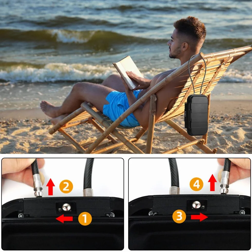 Przenośny, wodoszczelny sejf do domu i na plażę – zamykane pudełko z szyfrowym zamkiem, kasetą na pieniądze i stalowym kablcem 6 mm
