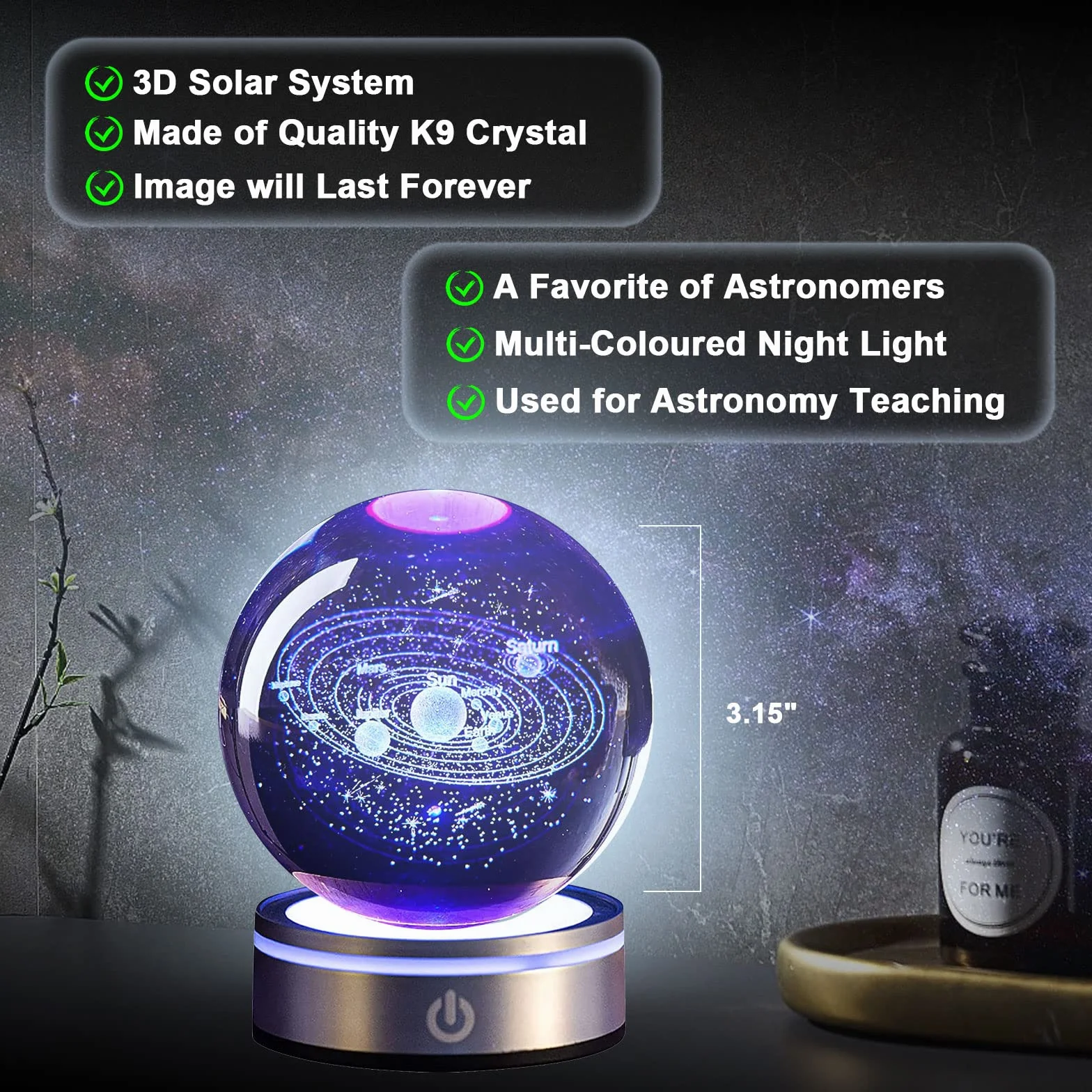 Kryształowa kula 3D, kryształowa kula 3D, światło nocne, układ słoneczny 3D, kryształowa kula z diodami LED, kolorowa lampka nocna, podstawa, kabel USB do transmisji danych, astronomia, prezent