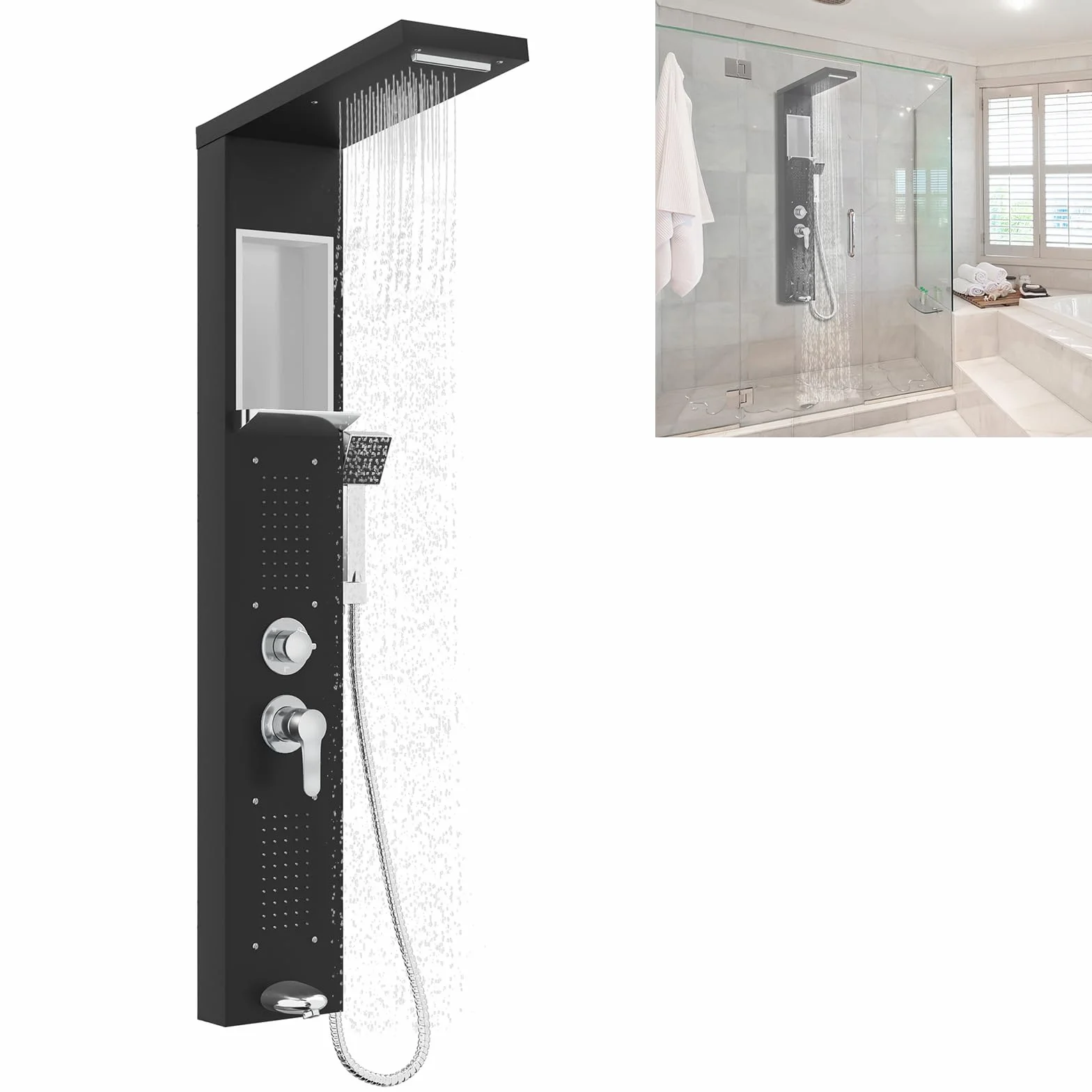 YUENFONG Panel prysznicowy 5 w 1 System prysznicowy ze stali nierdzewnej, wielofunkcyjny prysznic, w zestawie deszczownica, wodospad, masaż pleców, słuchawka prysznicowa, łatwy montaż na ścianie