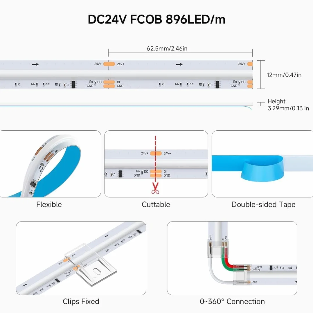 BTF-LIGHTING COB FCOB SPI RGBWW RGB + ciepła biel (3000 K) elastyczna taśma LED o wysokiej gęstości WS2814 IC RGBW LED Stripe 5M 896LEDS/M 24V IP30 programowalny kolor chasing (bez zasilacza i