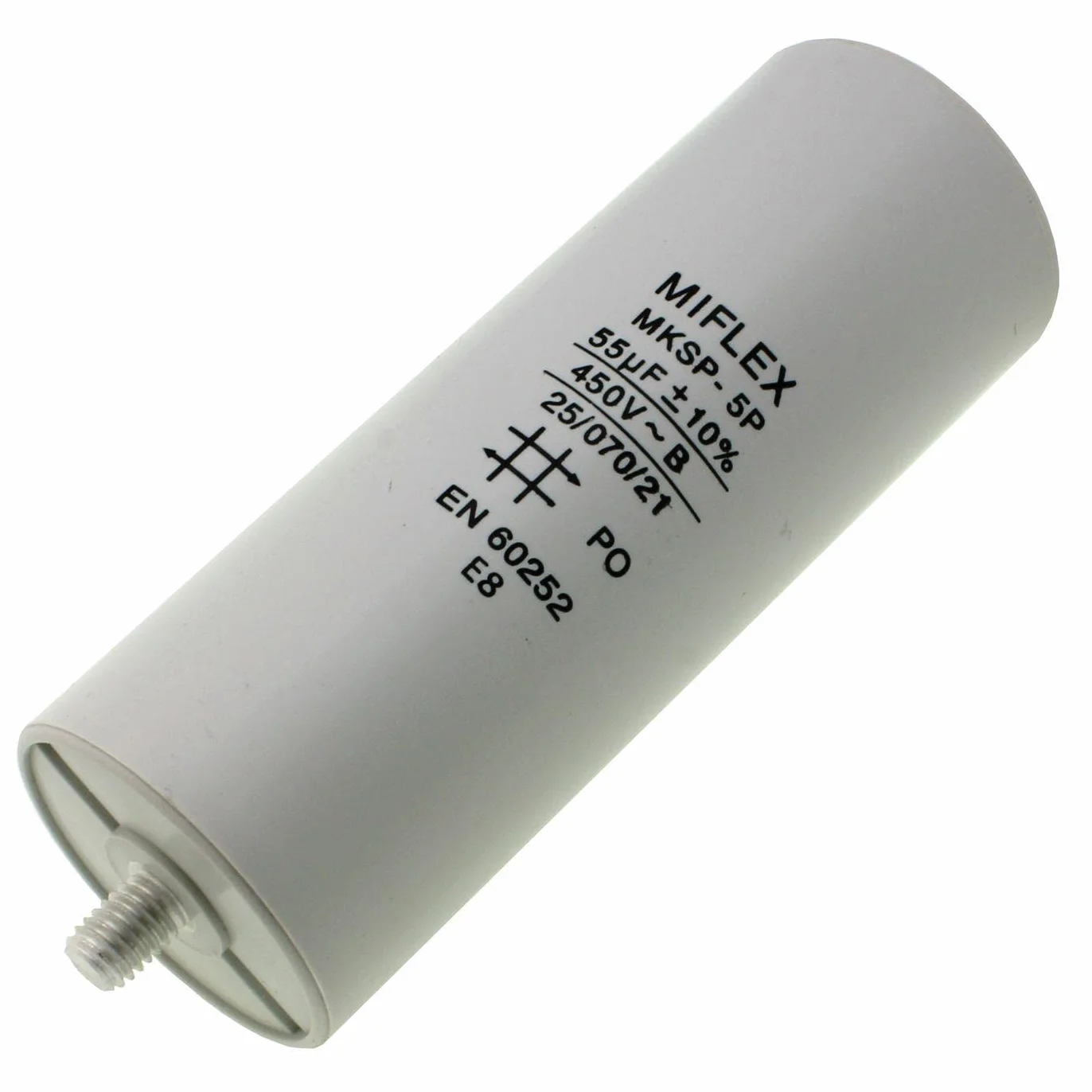 Kondensator rozruchowy silnika 55µF 450V 50x119mm M8 Mifle