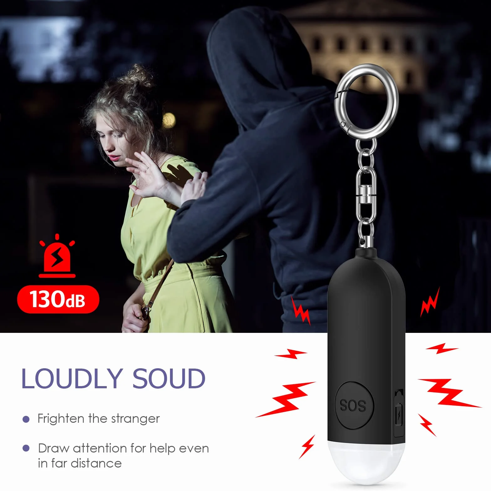 Osobisty alarm 130 dB, syrena ze stroboskopem LED, sygnał błyskowy LED, ładowany przez USB, breloczek do kluczy