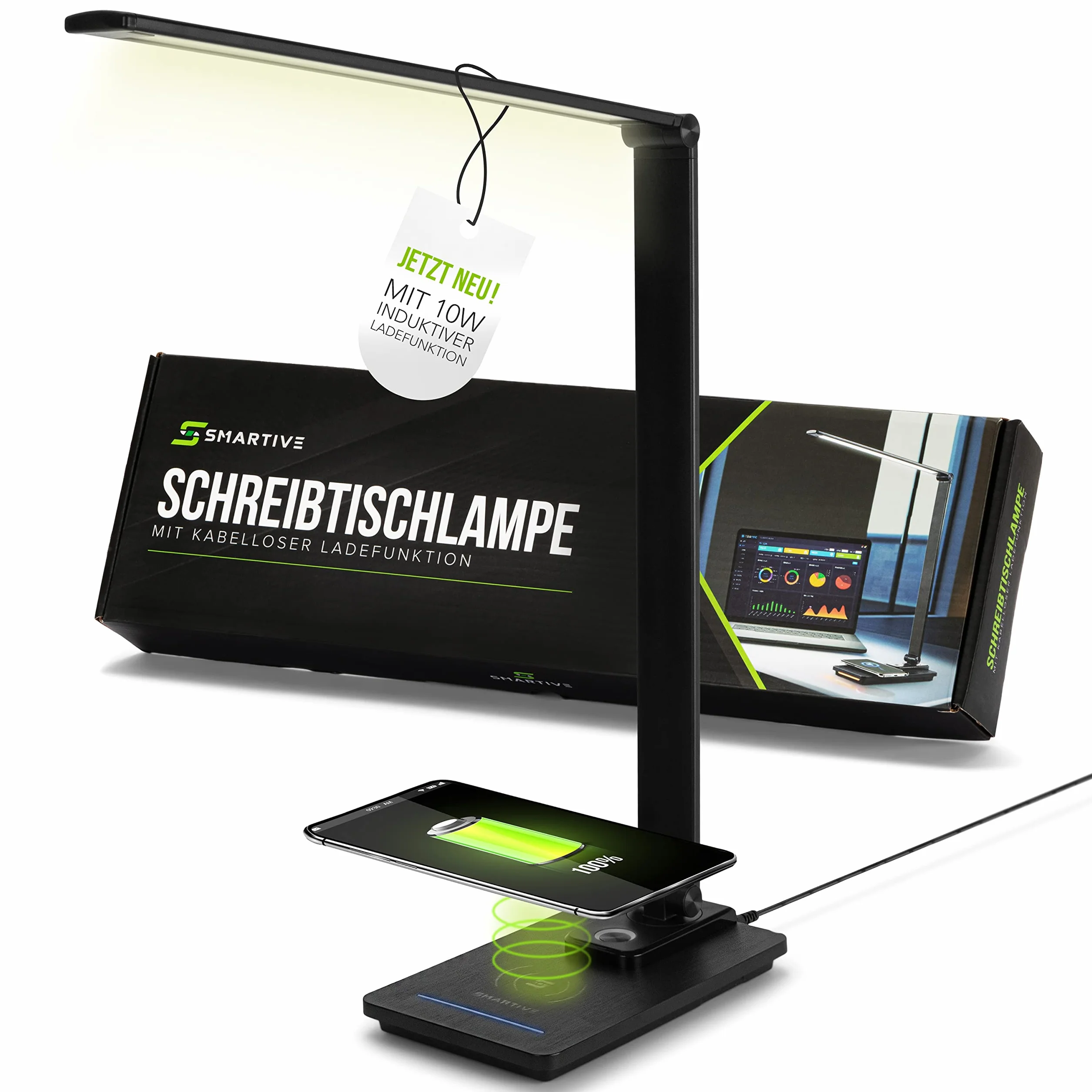 SMARTIVE | Designerska lampa biurkowa z funkcją bezprzewodowego ładowania – lampa biurowa LED z bezprzewodowym ładowaniem 10 W – przyjazne dla oczu światło ściemniane i ładowanie bez kabla | czarna +