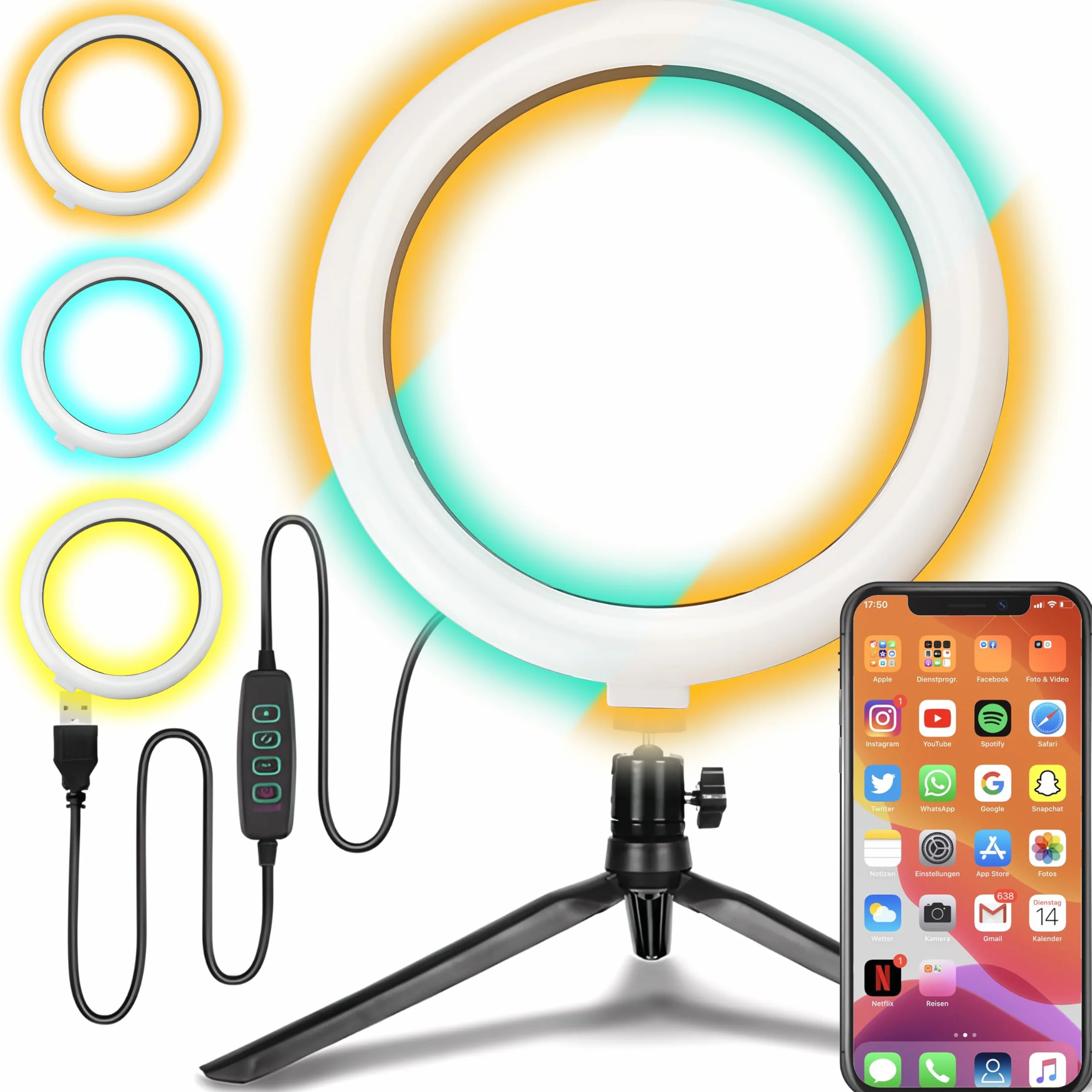 Retoo Lampa pierścieniowa LED 13 cm 7W 3 Tryby Świecenia Statyw do Selfie