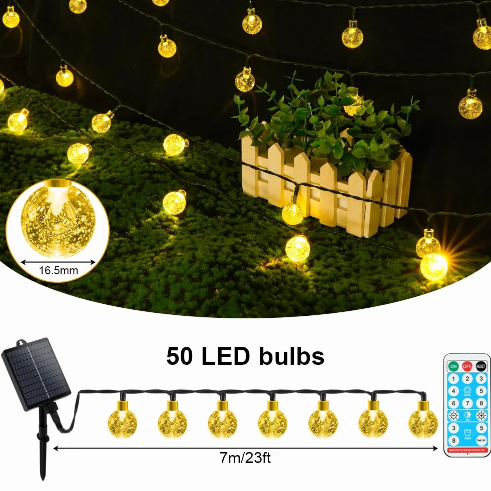 AUAUY solarny łańcuch świetlny na zewnątrz, odporny na warunki atmosferyczne, 7 m, 50 diod LED, 8 trybów pracy, IP65, solarny łańcuch świetlny z kryształowymi kulkami, na zewnątrz/do wnętrz