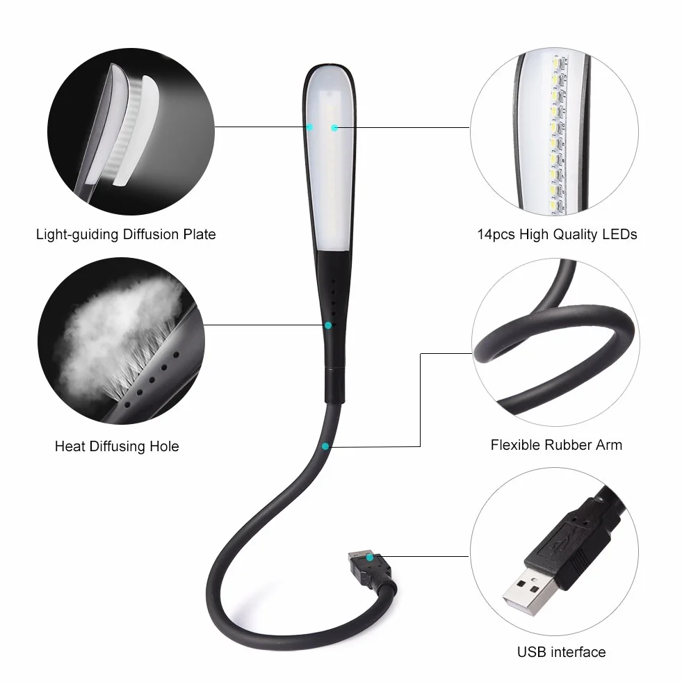 LEDGLE 2.8W LED ściemnialna lampa USB z 3 poziomami jasności, lampka nocna do czytania, białe światło 6000 K