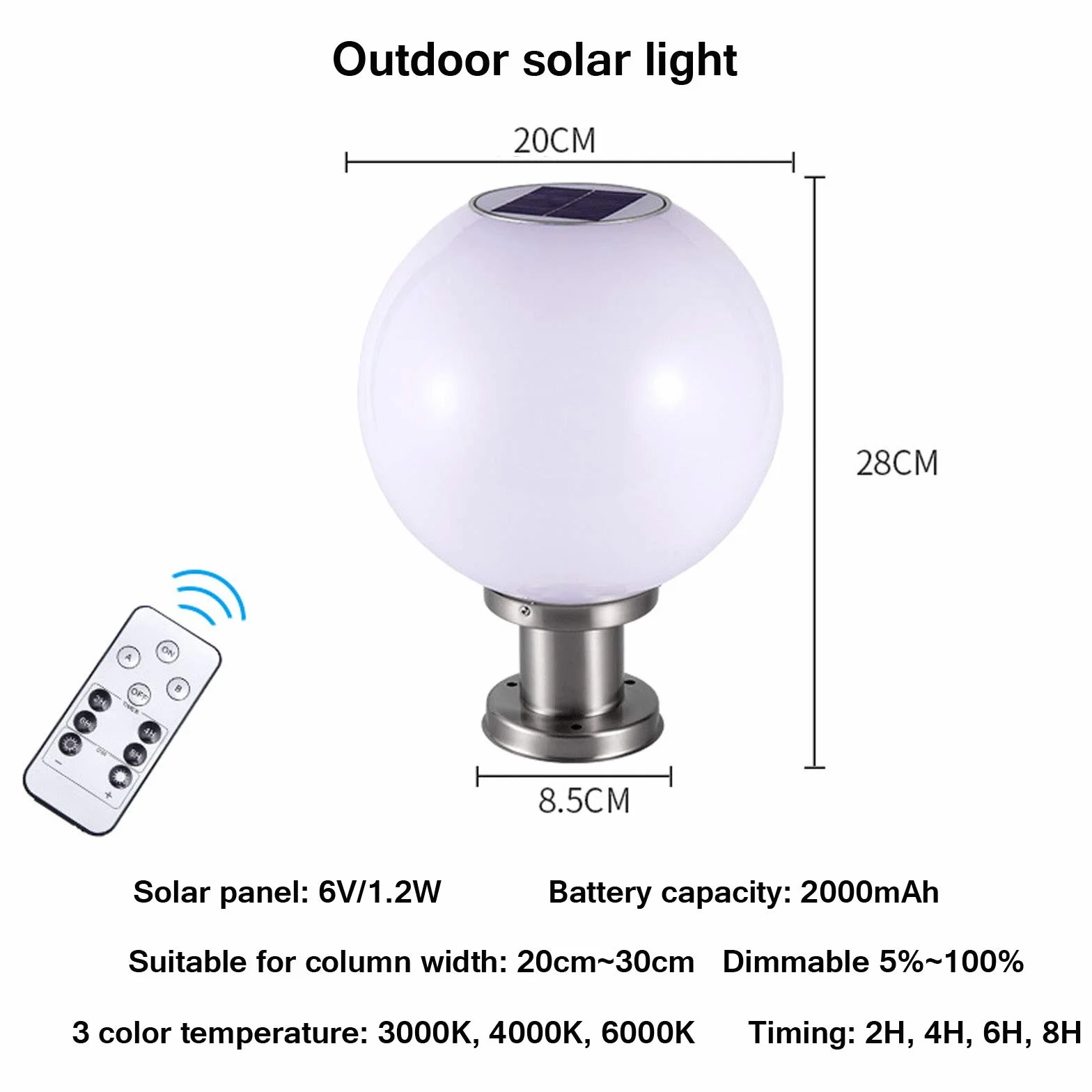 Zewnętrzne oświetlenie solarne LED z pilotem, słupek ogrodowy z odlewu aluminiowego, wodoodporne oświetlenie ścieżki patio podjazdowego, ściemnialne, 3 temperatury barwowe, czas,D20*h25cm