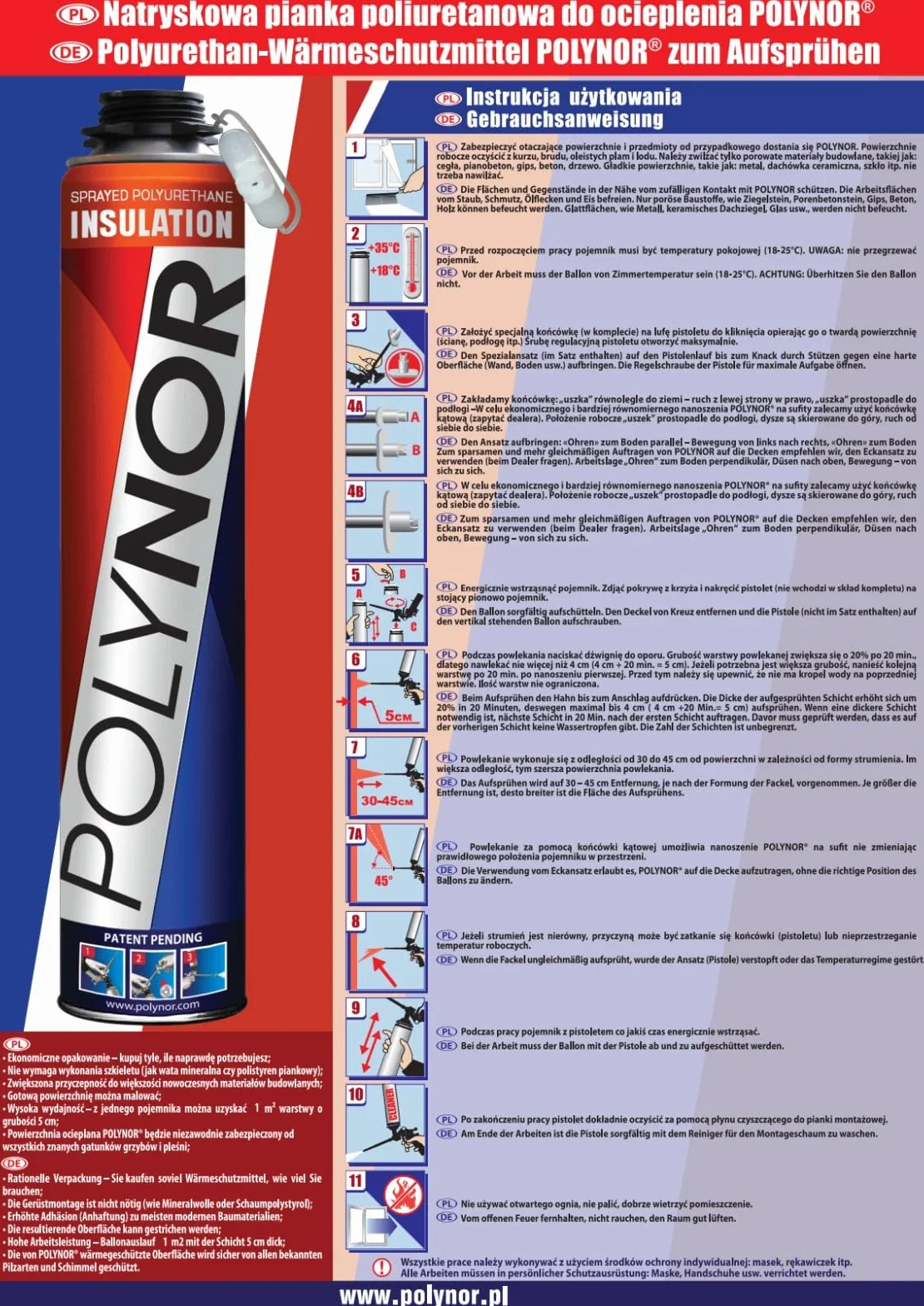 POLYNOR Izolacja Cieplna PUR w Puszce PRO - Pełny Zestaw 29 elementów - 12 Pianek - Pistolet do piany - Natryskowa Izolacja Termiczna - Izolacja Ścian, Dachów, Sufitów, Rur - Aerozol 750 ml